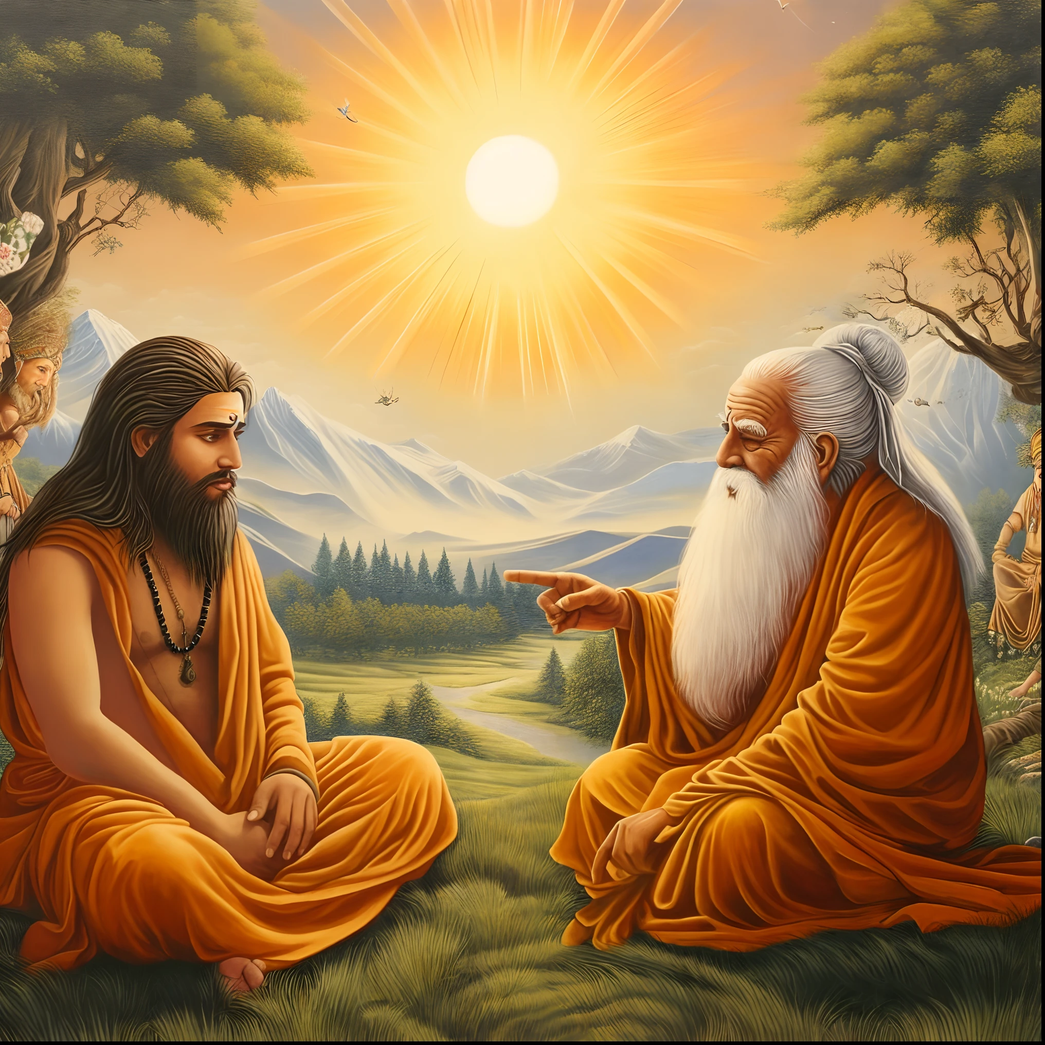 a painting of two men sitting in a field with trees, wise old indian guru, on the path to enlightenment, on path to enlightenment, hindu stages of meditation, inspired by Kailash Chandra Meher, spiritual enlightenment, spiritual evolution, enlightenment, from ramayan, ghutra and egal, holy man looking at ground, beautiful depiction, samadhi, love of wisdom