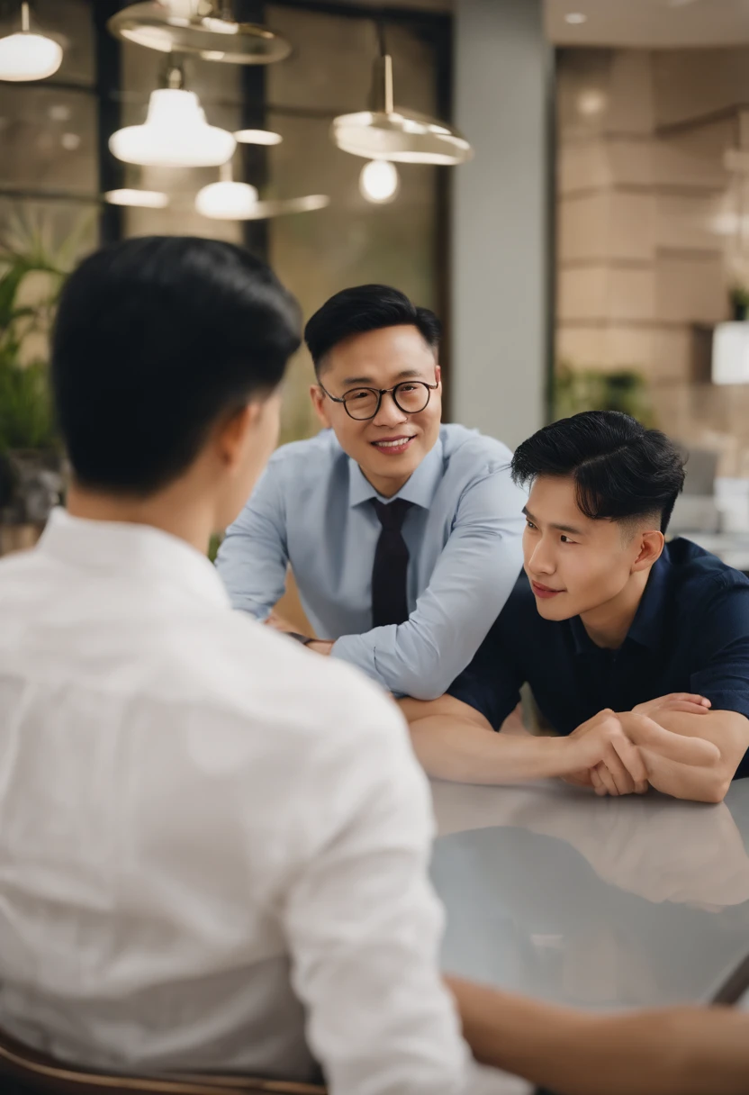 Two Chinese men sat at a table chatting, Be interviewed, interview, reddit post, photoshoot, Profile image, artistic pose, YouTube video screenshots, personal profile picture, Avatar image, smooth in _ Background with, Photo portrait, Professional artwork, profile photo, professional profile picture, Profile picture, working in an office, author：David Ruby, video still