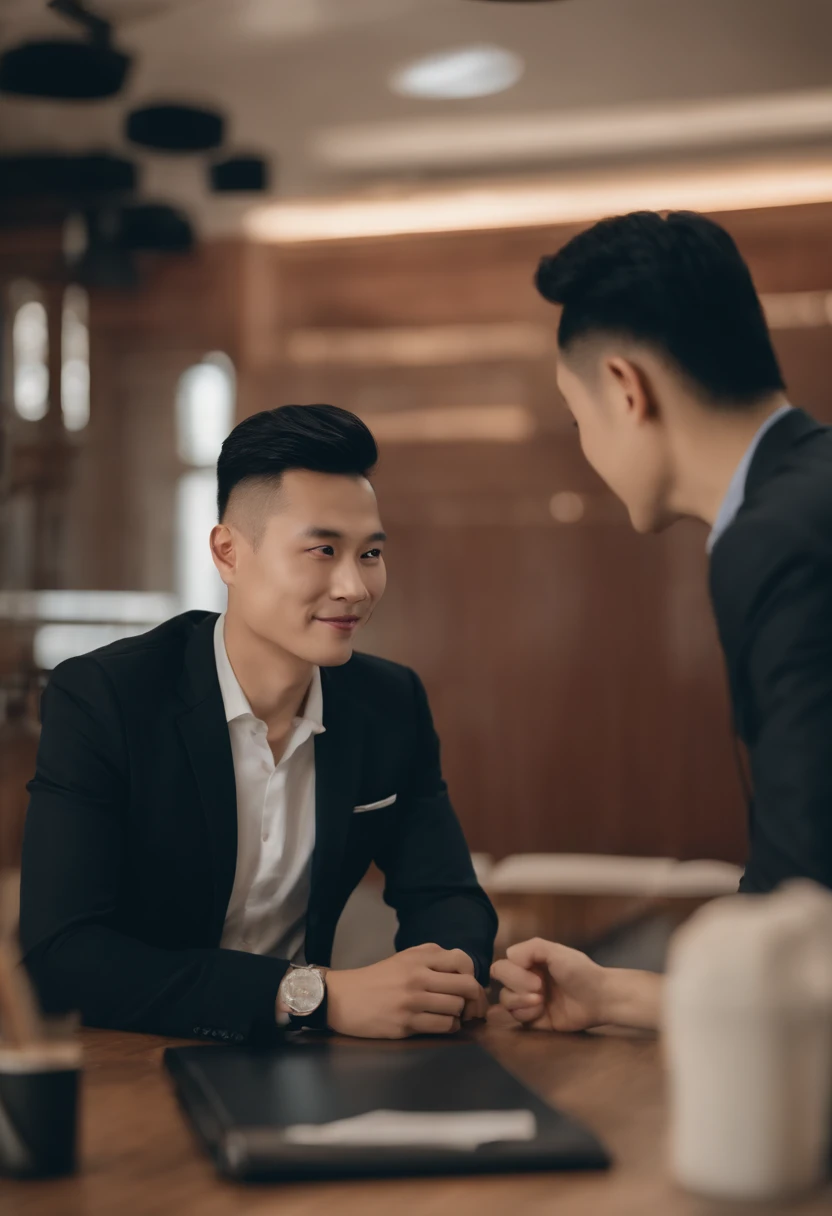 Two Chinese men sat at a table chatting, Be interviewed, interview, reddit post, photoshoot, Profile image, artistic pose, YouTube video screenshots, personal profile picture, Avatar image, smooth in _ Background with, Photo portrait, Professional artwork, profile photo, professional profile picture, Profile picture, working in an office, author:David Ruby, video still