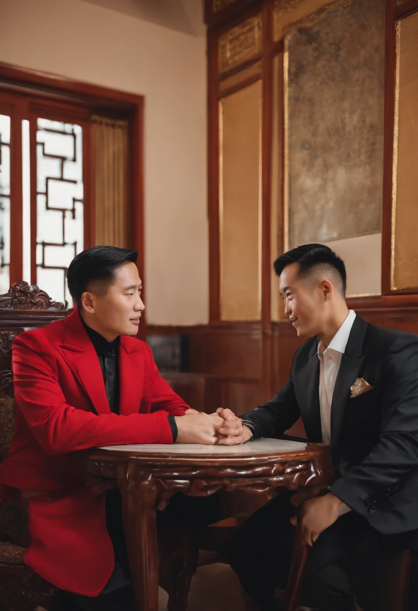 Two Chinese men sat at a table chatting, Be interviewed, interview, reddit post, photoshoot, Profile image, artistic pose, YouTube video screenshots, personal profile picture, Avatar image, smooth in _ Background with, Photo portrait, Professional artwork, profile photo, professional profile picture, Profile picture, working in an office, author：David Ruby, video still