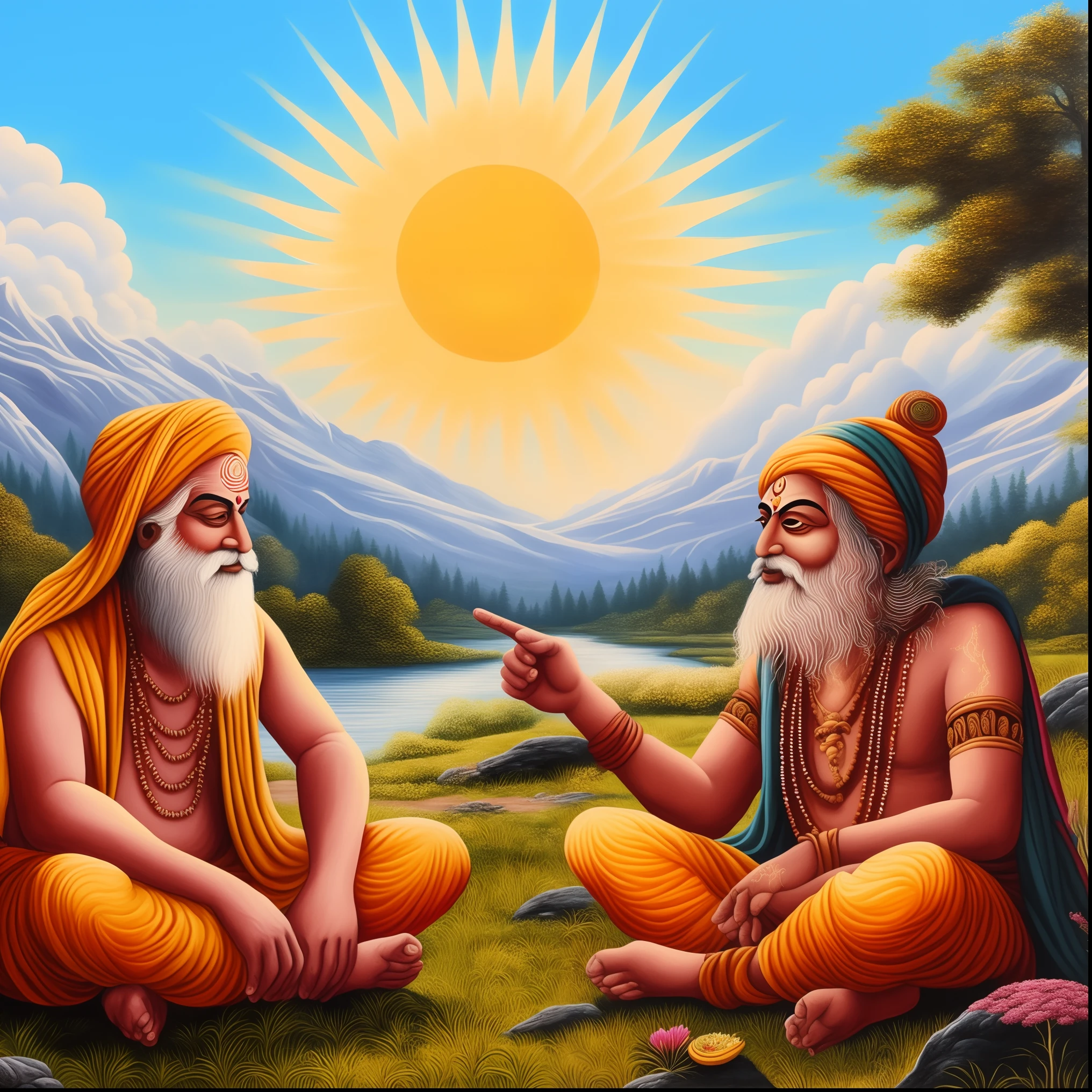 two men sitting on the ground with a mountain in the background, wise old indian guru, from ramayan, vibrant art, ghutra and egal, love of wisdom, inspired by Kailash Chandra Meher, hindu stages of meditation, enlightenment, journey, serene emotion, on the path to enlightenment, ditigal painting, beautiful depiction, far view, two suns