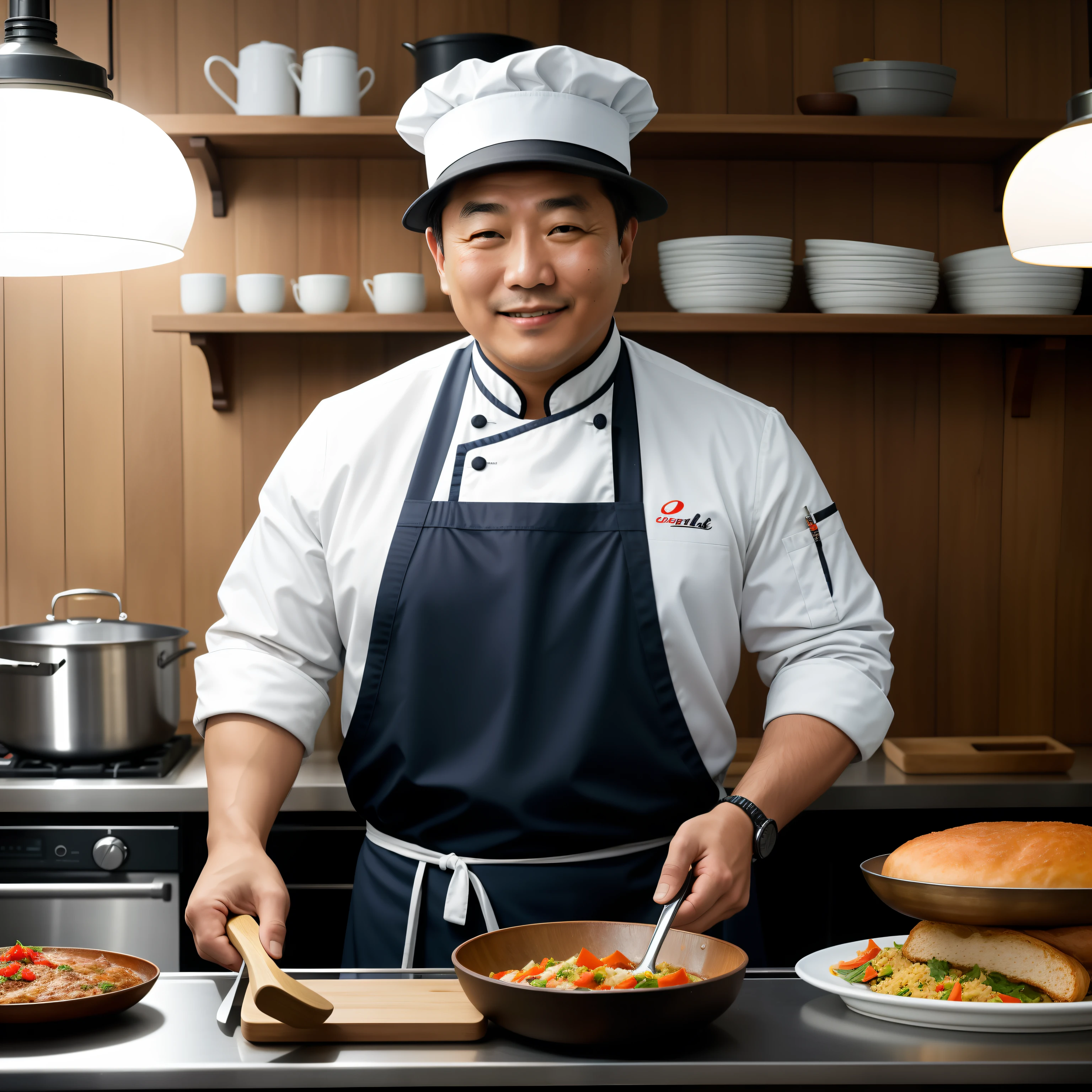 Um chef,Face lateral,Pessoas do sexo masculino,Asian people,chef's hat,Terno do chef,orgulhoso,sorriso,One hand holds a pot for the camera,Terno do chef,de um cara,Cooking competitions,cartaz para,sorriso, de lado, panorama, Cinematic lighting, High detail, realismo, Verismo, best quality, Altas, Detalhes altos, anatomicamente correto, UHD, pele texturizada, Super Detalhe