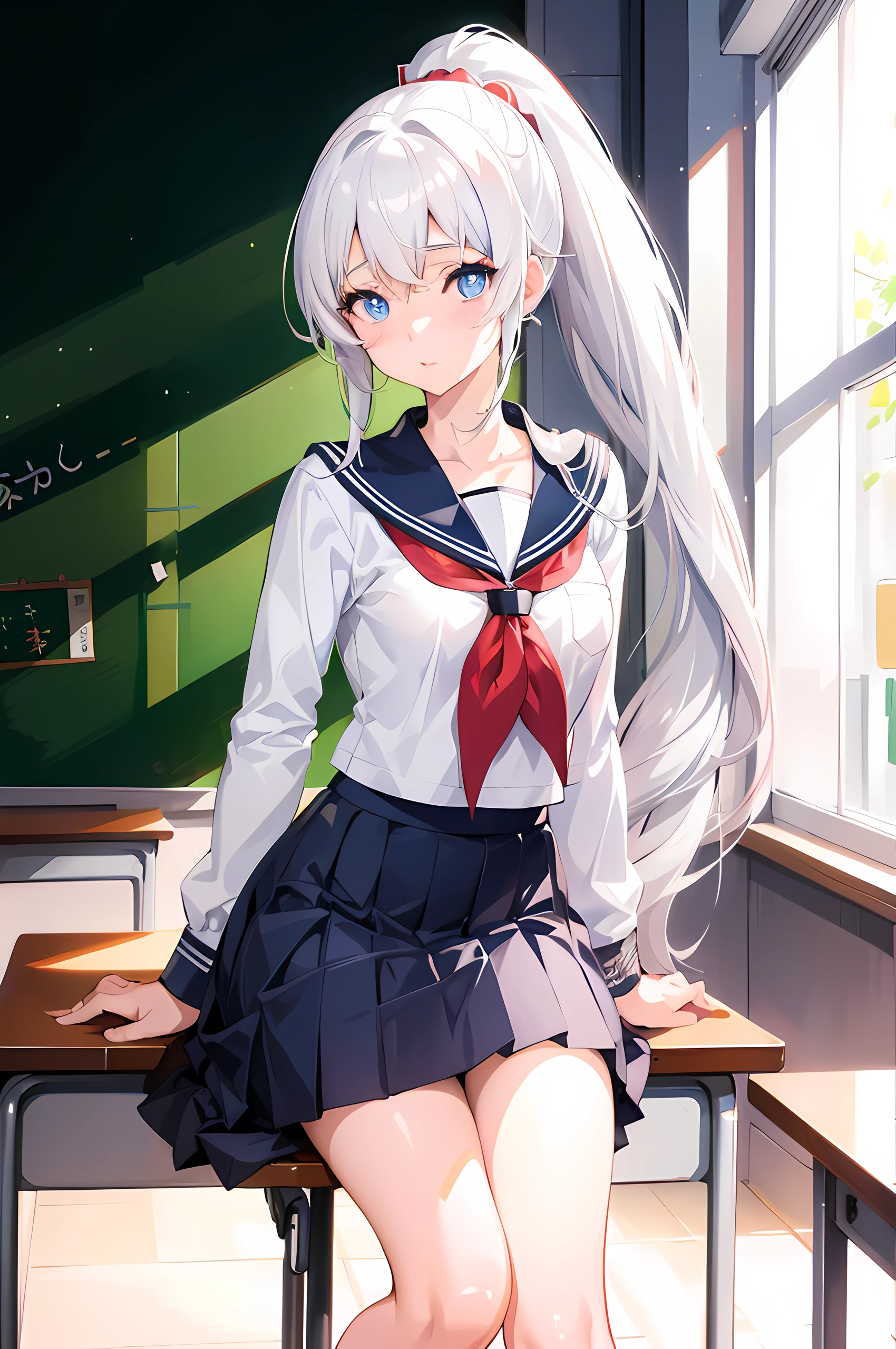 1 slim girl,lip flap,blush blush,cosmetics,light smile,校服,Classroom,bookbag,classroom desk,Sit at the table and look at the scenery outside the window,upper legs,鎖骨,big chest and thin waist,(tmasterpiece),Wallpapers,Best quality at best, tmasterpiece, 1 slim girl, (Alone:1.1), Ray traching, ultra - detailed,Detailed faces, 8k wallpaper, , Takashi Furi NDV, 1 well-proportioned girl, Long white hair, dual horsetail, Green-eyed, mediuml breasts, long whitr hair, pointy ears, fairies, Parted bangs,