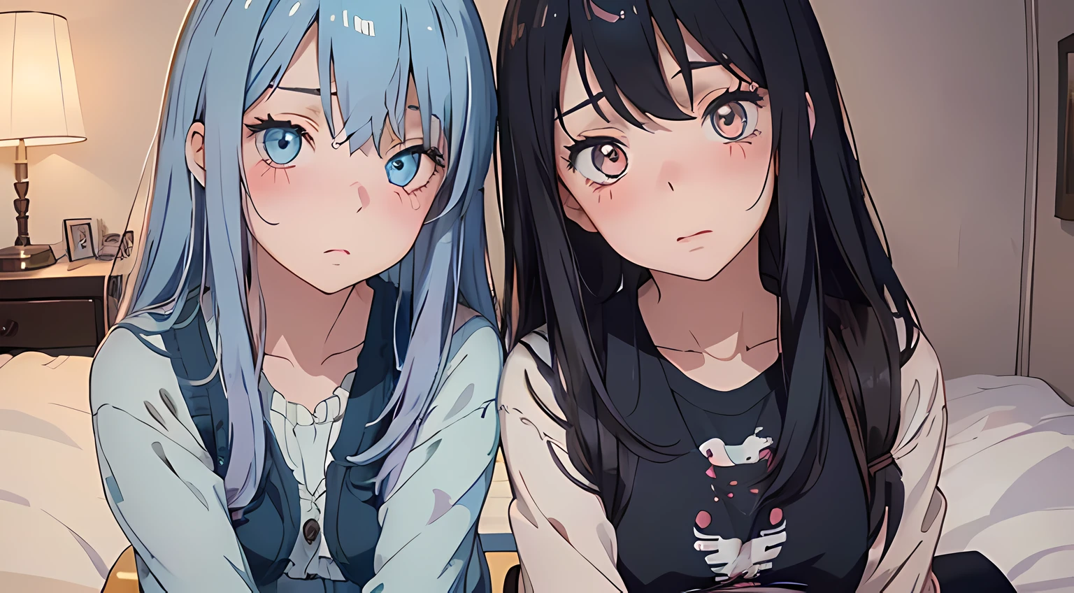 2 girls, (beautiful eyes finely detailed, detailed face, different hair lengths, different hair colors, different eye colors), wearing different style outfit, sit on the bed, full body, teasing facial expression, looking at the camera, blush on their face, bedroom, master piece, noon time, top-quiality, detailed, High Resolution anime illustration