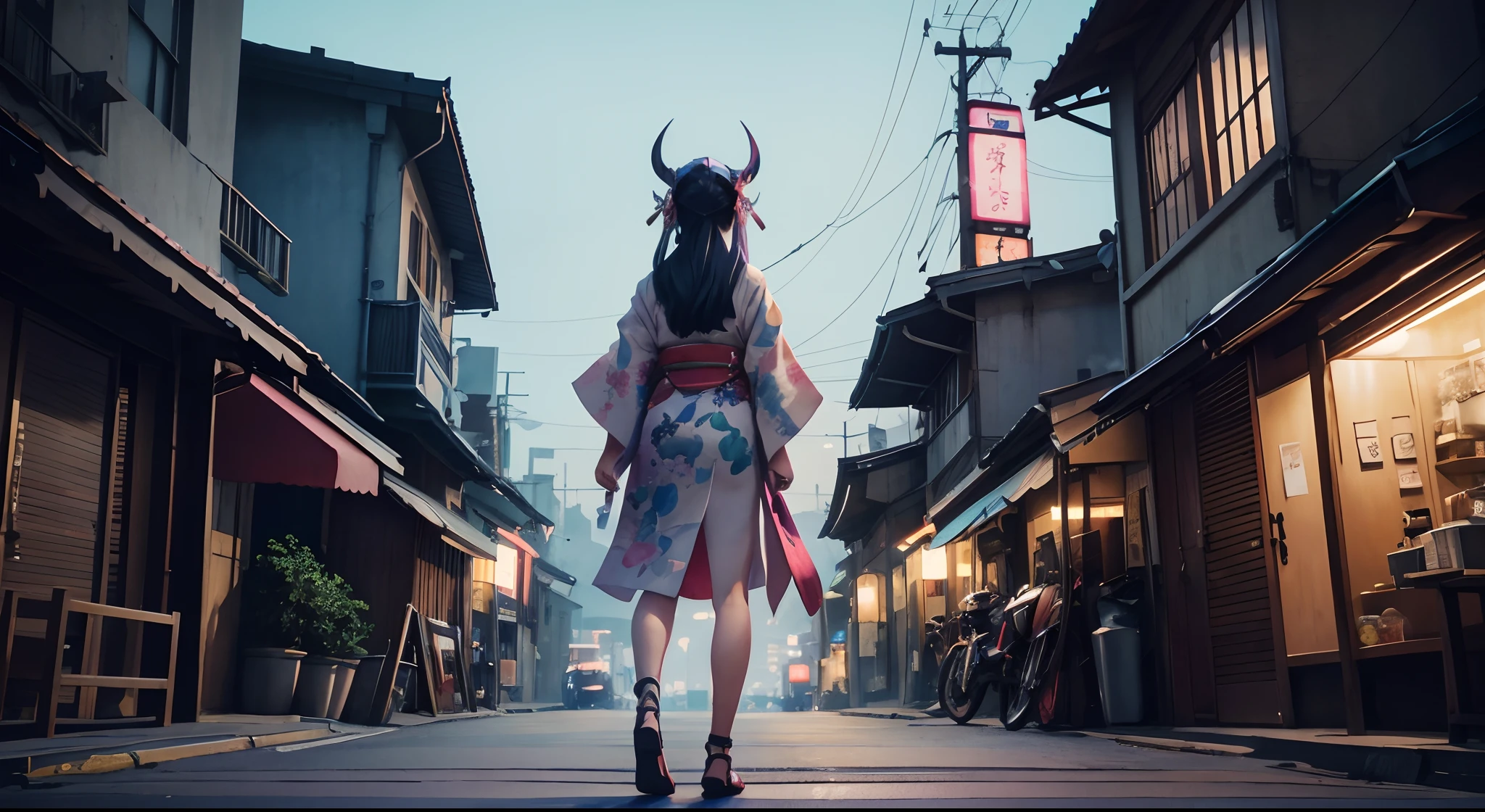 Stand on the streets at night during the dynastic era、Wearing a kimono with plenty of delicate ornaments、Watercolor painting depicting the back of a girl wearing a demon helmet, Hair and kimono swaying in the wind, VOFAN STYLE, Pastel colors, Cute, eccentric, Fantasy Art, Watercolor style, Blurring, VOFAN Artwork, Cover illustration by VOFAN, VOFAN DRAWING, Perfect illustration by VOFAN, Background of the perfect light and shadow technique by VOFAN, adobe ilustrator, handdraw, Digital Painting, low poly, Isometric style with soft lighting, Retro Aesthetic Character Background Focus, 4K resolution, Photorealistic steps, Using Cinema4D, Cinematic lighting, Dynamic Composite, pixiv Fan Box Trend, Saturation gouache, Cyberpunk,