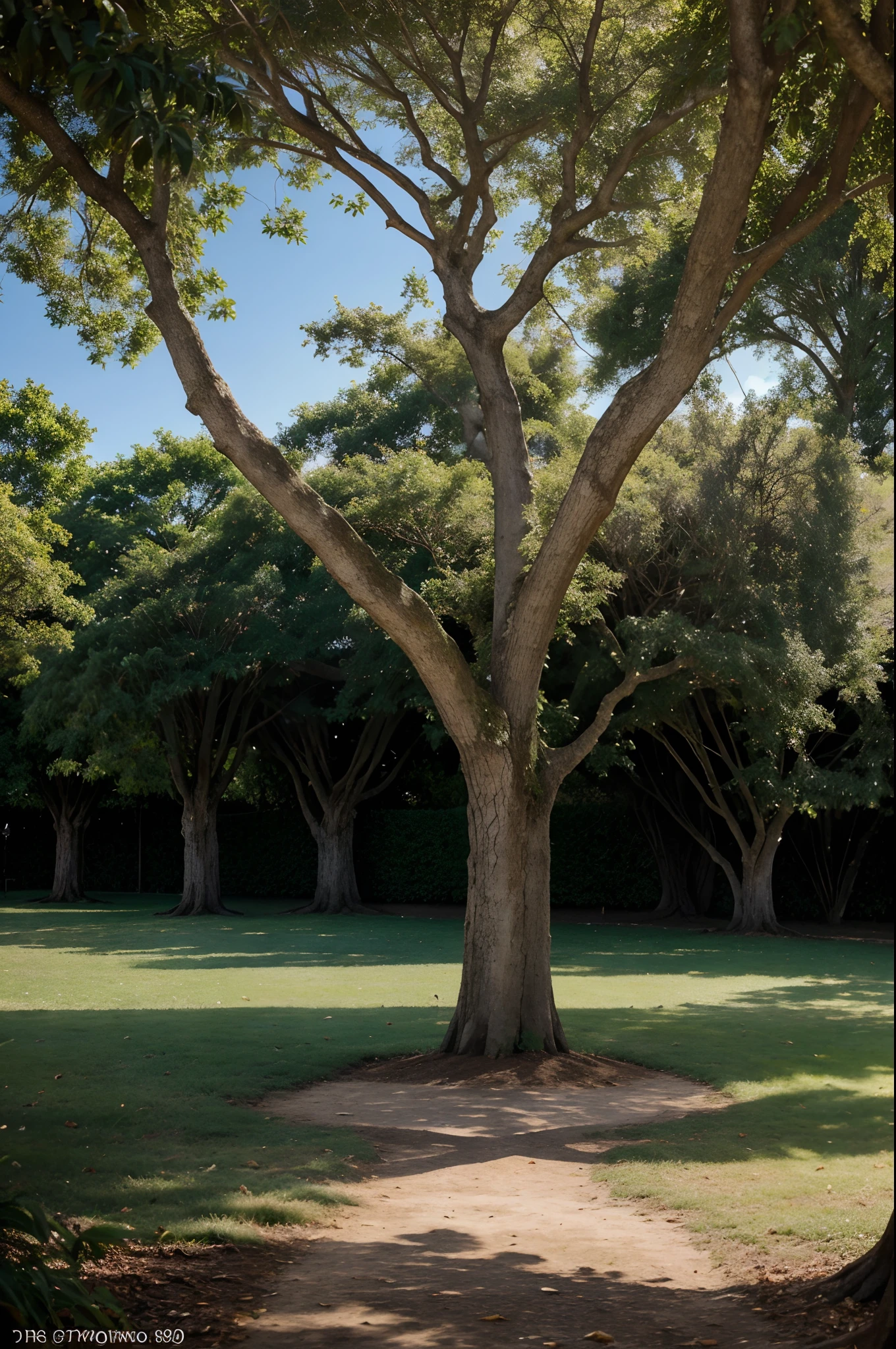 Visualize a majestic oak tree, de tronco robusto e rugoso, que se ergue imponente em meio a um bosque antigo. Roots spread through the soil, forming intricate patterns and suggesting a long history of growth and resistance. As folhas, em tons de verde profundo, filtram a luz do sol em jogos de sombra e luz, creating a game of fascinating patterns on the leaf-covered ground. The scene is illuminated by the golden light of dusk, creating a magical and welcoming atmosphere. Birds rest on the branches, enquanto esquilos brincam nas proximidades. A light wind shakes the leaves and makes the shadows dance around the tree, Giving a cinematic effect to the scene. Cada detalhe, from the texture of the bark to the unique shape of each leaf, It is depicted accurately and realistically, highlighting the beauty and grandeur of this tree. The image conveys a sense of peace and connection with nature, inviting the viewer to lose themselves in the timeless beauty of this century-old tree