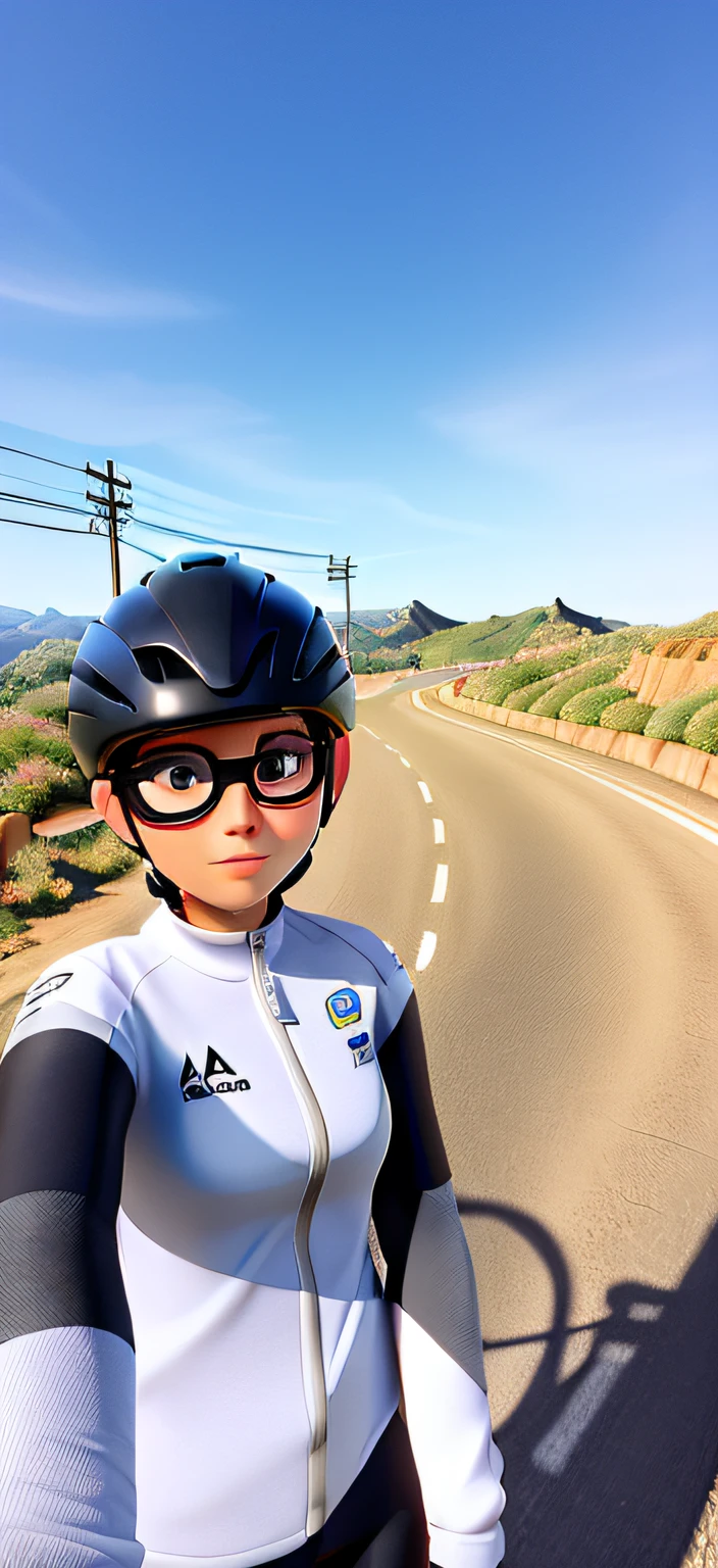 A medium short haired woman with black helmet, olhos castanhos, fleshy lip, jersey ciclismo Canyon, sapatos Torch branco montado numa bicicleta de road da Canyon numa estrada de campo no dia lindo de sol.