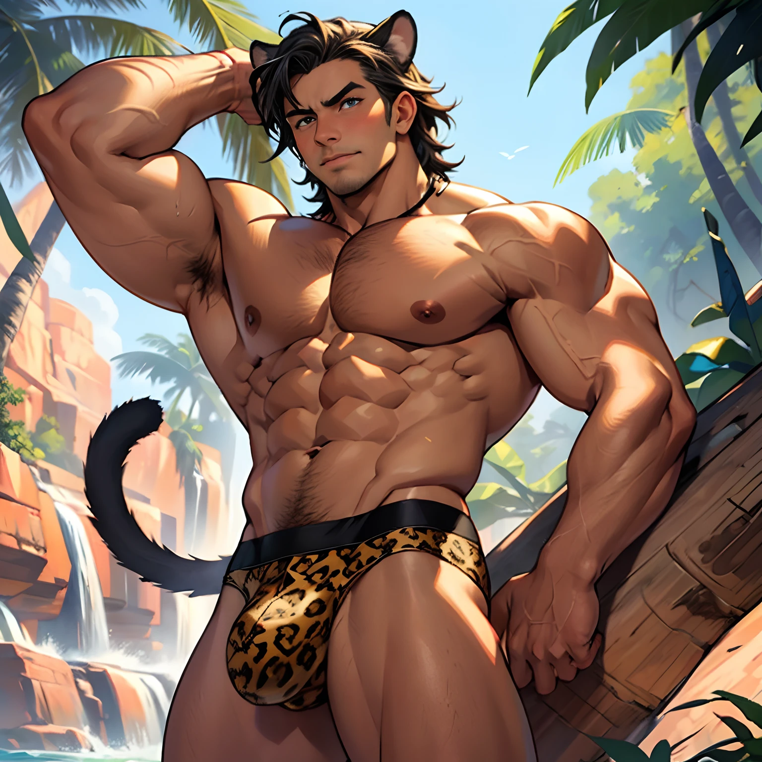 Wild young man, Tarzan, cat ears &  tail, a man in leopard print triangular underwear,  extremely Muscular body, tanned skin, Natural eyes, Short hair, Sexy Man, looking up at viewer, blush, Large protrusions,  huge Bulge, Amazon Background, Masterpiece, Best Quality