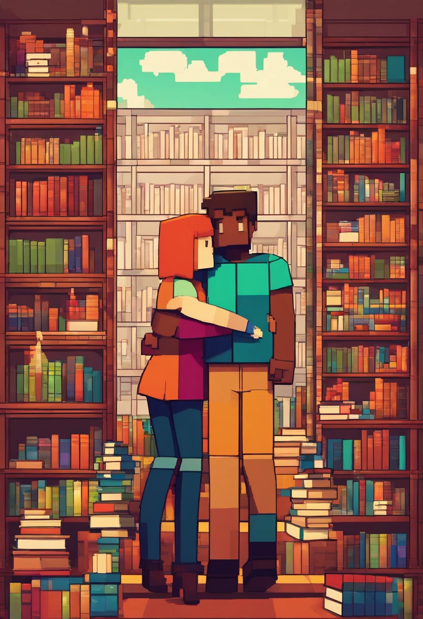 A couple hugging and happy in a library full of books, fazendo sexo e se amando.