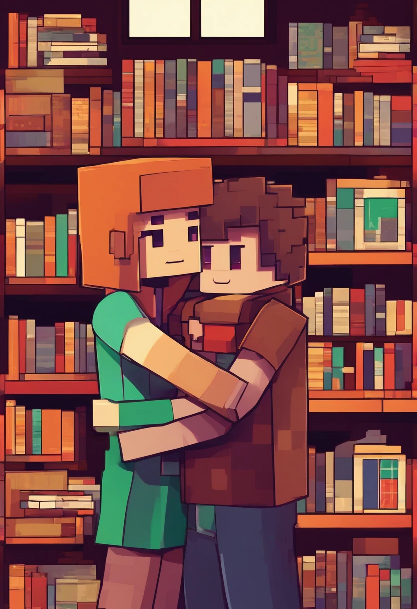 A couple hugging and happy in a library full of books, fazendo sexo e se amando.