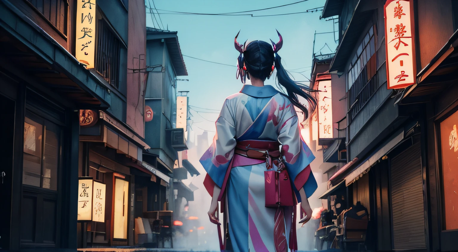 Watercolor drawing of back view of girl posing in kimono with lots of delicate ornaments and wearing demon helmet standing in a city at night during the dynastic period, hair and kimono swaying in the wind, VOFAN style, pastel colors, cute, eccentric, fantasy art, watercolor style, blurring, VOFAN artwork, cover illustration VOFAN, drawing VOFAN, perfect illustration by VOFAN, perfect light and shadow technique background by VOFAN, Adobe Illustrator, hand drawn, digital painting, low poly, soft lighting isometric illustration style, retro aesthetic Character Background Focus, 4K Resolution, Photorealistic Steps, Using Cinema4D, Cinematic Lighting, Dynamic Compositing, Pixiv Fanbox Trends, Saturated Gouache, Cyberpunk,