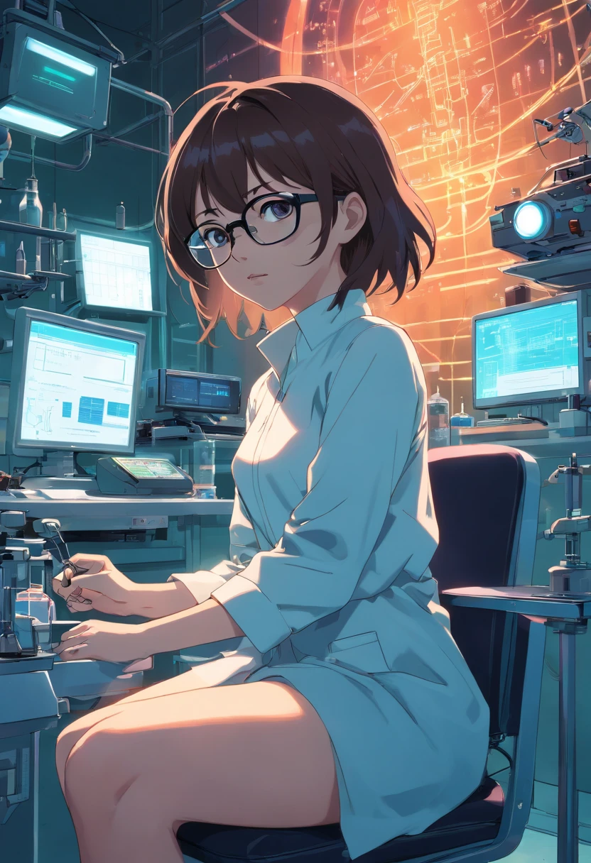 raw, wide angle, A woman in a dark laboratory sitting on a operating table of the future wears glasses, nude., laboratory, hardware, Bright environment, Neon, ((cyberpunked))
