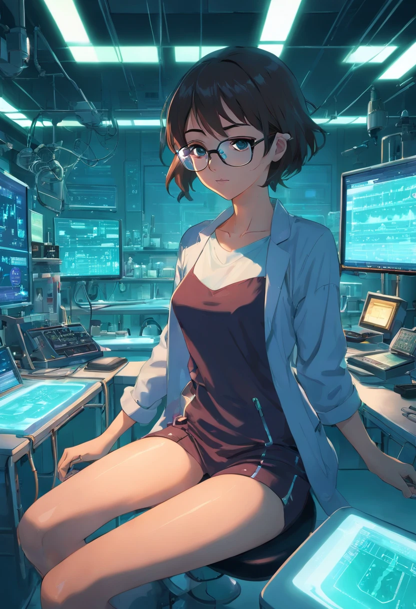 raw, wide angle, A woman in a dark laboratory sitting on a operating table of the future wears glasses, nude., laboratory, hardware, Bright environment, Neon, ((cyberpunked))