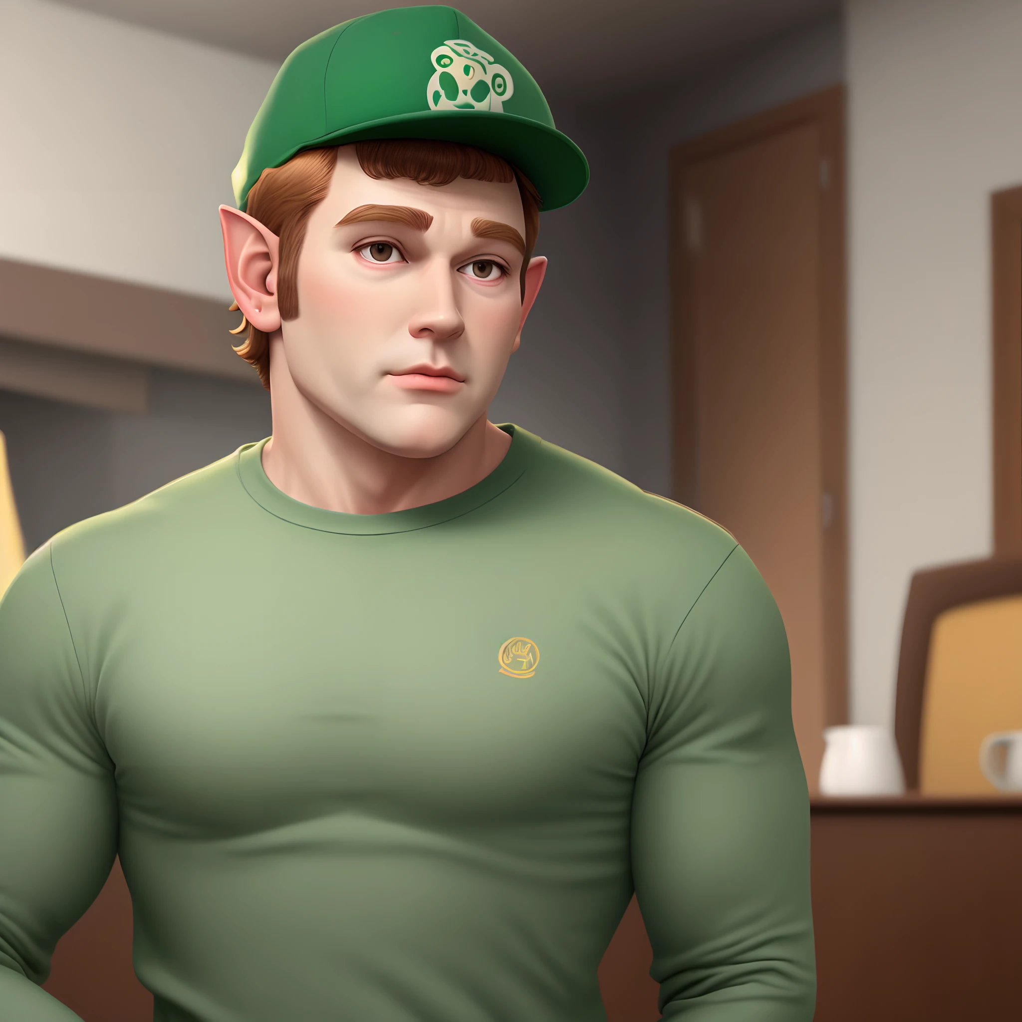 Pixar Style Big Eared White Man in Green Goabound Cap Long Sleeve Gray Shirt,com martelo nas mao e uma bigorna em cima da mesa