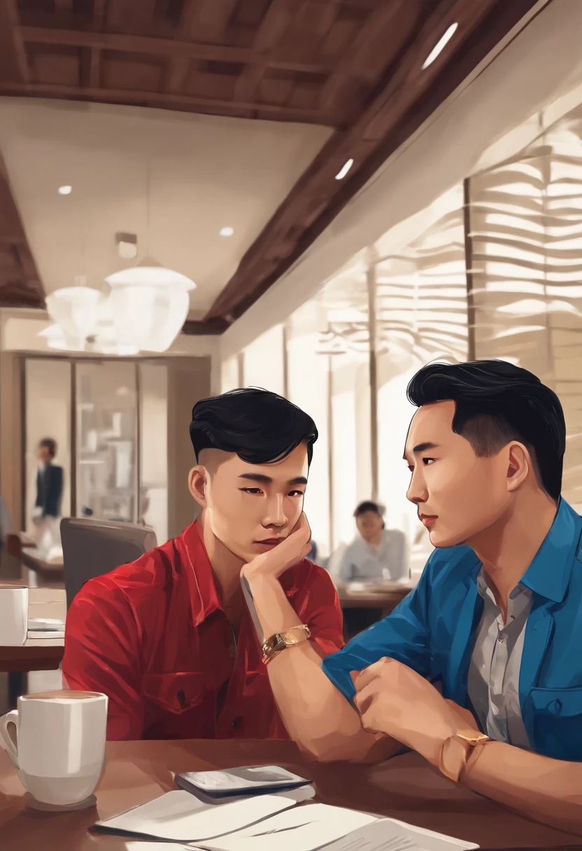 Two Chinese men sat at a table chatting, Be interviewed, interview, reddit post, photoshoot, Profile image, artistic pose, YouTube video screenshots, personal profile picture, Avatar image, smooth in _ Background with, Photo portrait, Professional artwork, profile photo, professional profile picture, Profile picture, working in an office, author:David Ruby, video still