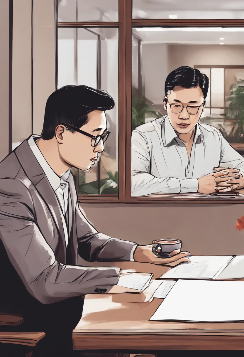 Two Chinese men sat at a table chatting, Be interviewed, interview, reddit post, photoshoot, Profile image, artistic pose, YouTube video screenshots, personal profile picture, Avatar image, smooth in _ Background with, Photo portrait, Professional artwork, profile photo, professional profile picture, Profile picture, working in an office, author：David Ruby, video still