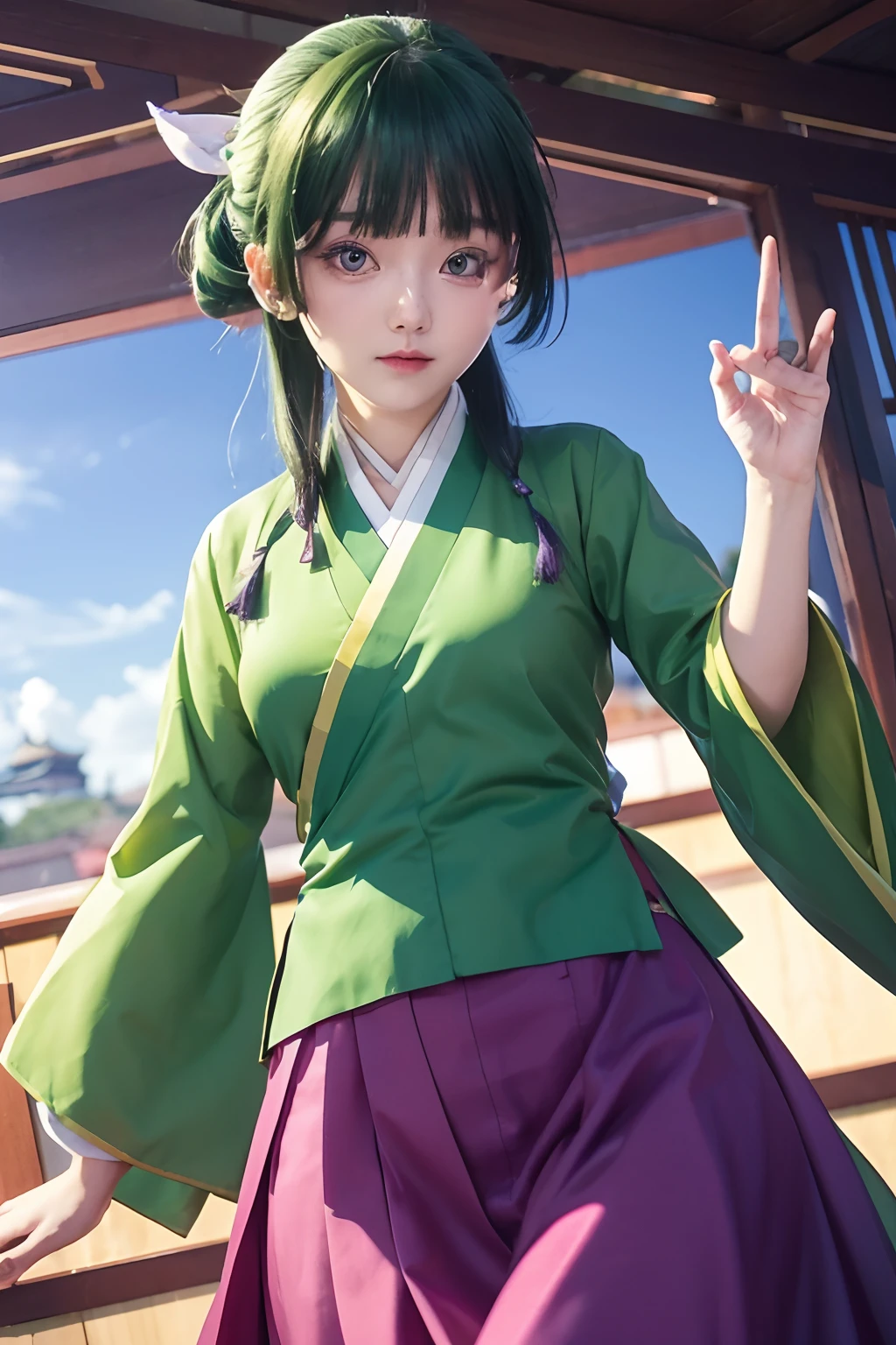 masuter piece, Best Quality, 超A high resolution, top-quality, Anime style, 1girll, Maomao, Chinese style kimono, Green outerwear, Purple long skirt, Blue eyes, Green hair