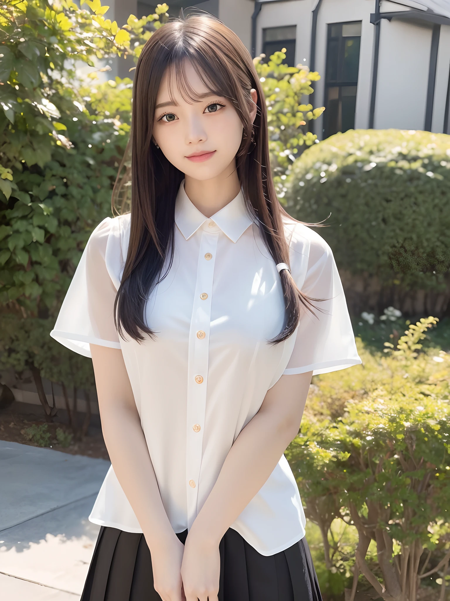 (Detailed skin:1.2), (Shiny skin:1.1), 8K,Highest quality, masterpiece, Ultra-high resolution, (Realistic:1.4), RAW Photos, (Soft saturation:1.3), (Fair skin:1.2), (Japanese Idols:1.2), 22 years old, Natural Makeup, Glamour, Brown Hair, Medium Hair, Asymmetrical Hair, Wavy Hair, Asymmetrical bangs, (White collared shirt, Wear a tight skirt:1.2),