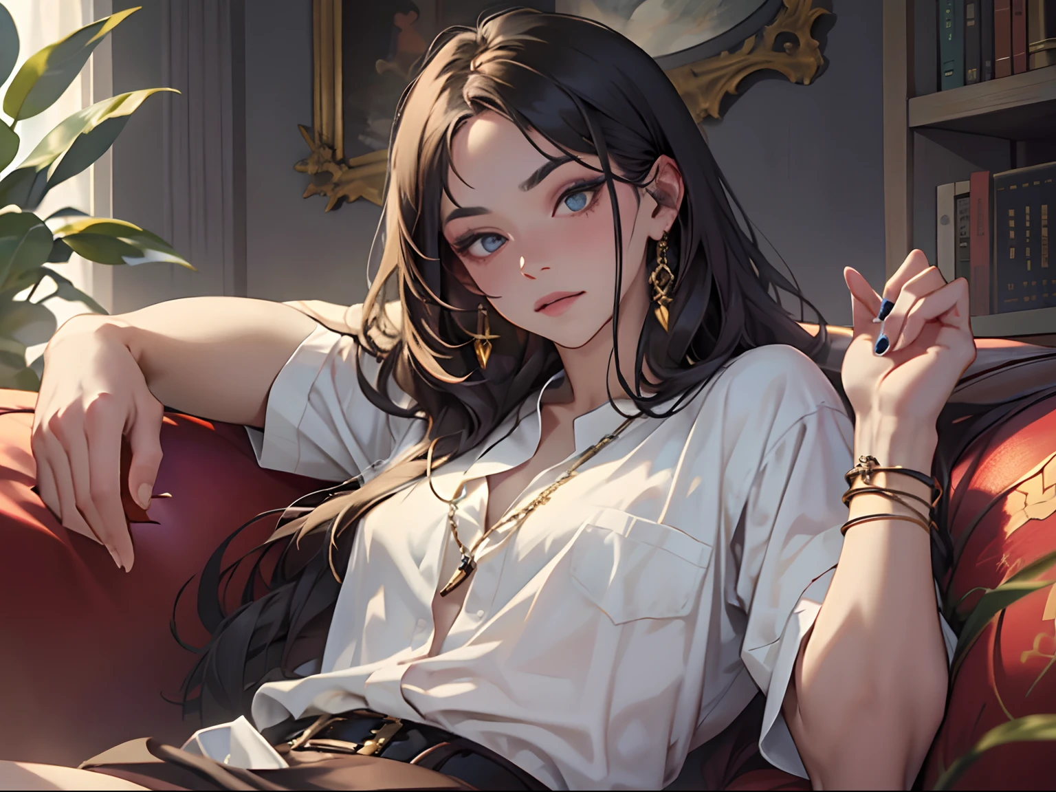 (A girl with medium and long hair in a white shirt sits on a couch and looks at the camera:1.5)(Holding a cell phone in his hand:1.4)(opens his eyes wide:1.3)(Spread your hands:1.5)(Exquisite jewelry、Handsome makeup、Handsome、temperament:1.5)(A surprised expression appeared on his face:1.5),A masterpiece,tmasterpiece,