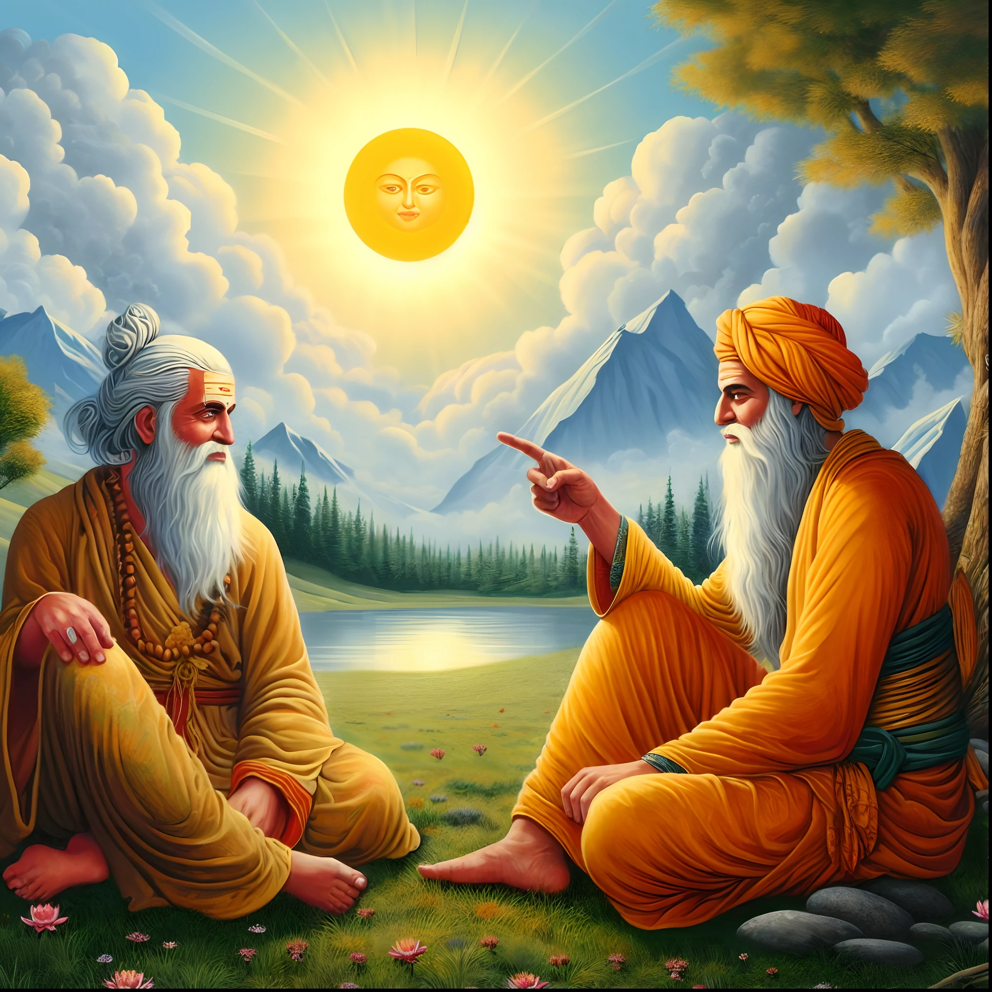 two gurus sitting in the grass with the sun above them, wise old indian guru, ghutra and egal, love of wisdom, on the path to enlightenment, on path to enlightenment, two suns, beautiful depiction, solar beings, enlightenment, vibrant art, spiritual enlightenment, serene scene, with two suns in the sky, religious painting, far view