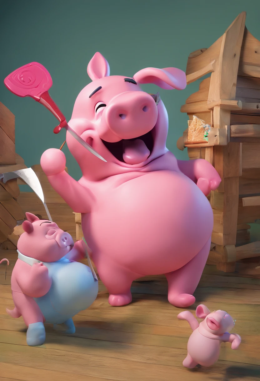 Winnie the Pooh threatens Pink Pig with a large knife