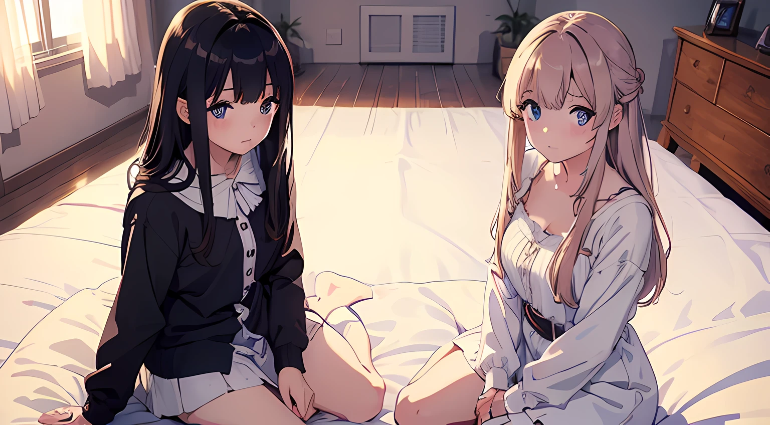 masterpiece, best quality, 2 girls, best friends, delicate face, at a sleepover, comfortable bedroom, string lights in bedroom, plushies on the bed, long wavy hair, long flowing hair, big fireworks in background, person 1 light blonde hair, person 1 blue eyes, person 2 dark hair, person 2 dark black hair, person 2 dark purple eyes, cute pajamas, small chest, 4k, hd, ultrarealistic, photorealistic, 20 years old, older, mature, happy