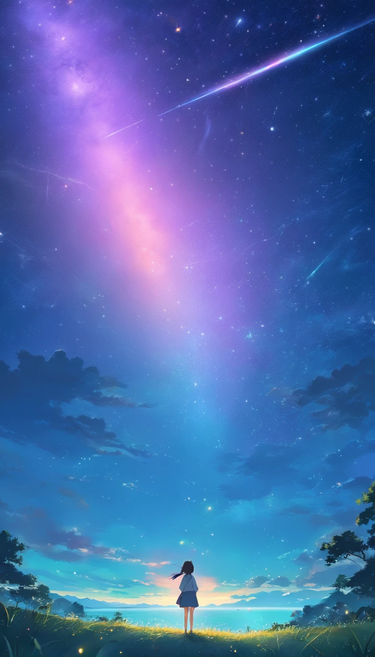 best qualtiy， tmasterpiece， 超高分辨率， realisticlying，Totoro，Fantastic starry sky，looking at the stars，wide angles