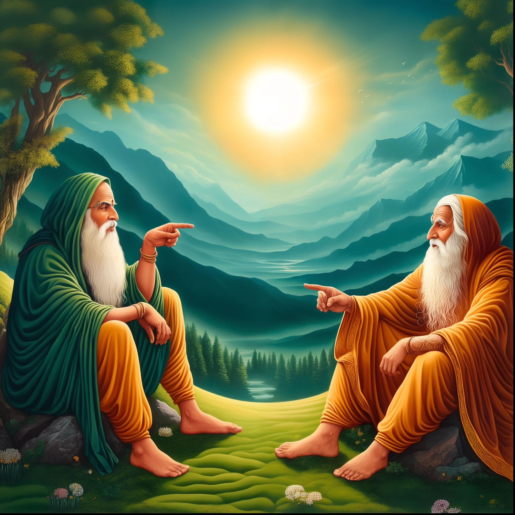 two gurus sitting on a hill with a mountain in the background, wise old indian guru, ghutra and egal, love of wisdom, beautiful depiction, inspired by Brothers Hildebrandt, inspired by the Brothers Hildebrandt, from ramayan, far view, on the path to enlightenment, on path to enlightenment, religious painting, inspired by Kailash Chandra Meher