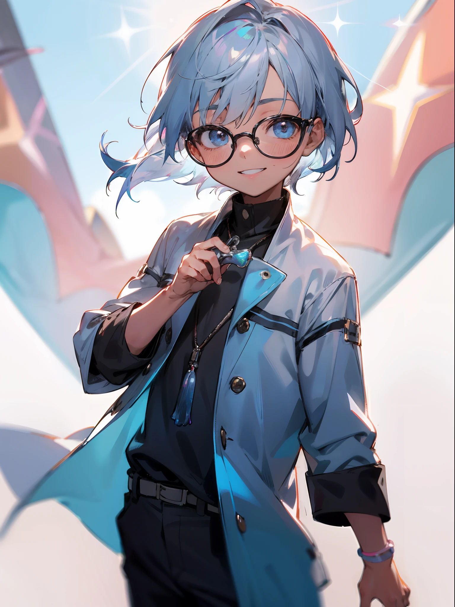 Male child, eye glasses,Cowboy Shots,A smile, silber hair,Daytime,Iridescent background,
