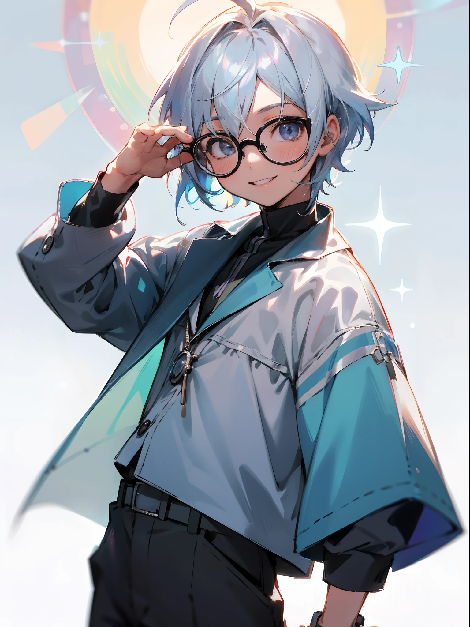 Male child, eye glasses,Cowboy Shots,A smile, silber hair，Daytime，Iridescent background，