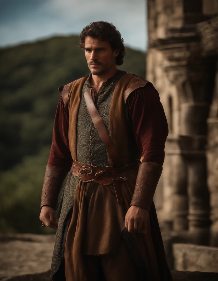 cinematic portrayal, parte superior do corpo, rosto, facing the audience, (realidade :1.3), uma das obras mais bonitas do mundo, A man looks at the camera, trajes medievais, (roupas velhas danificadas e desgastadas :1.4), rosto bonito detalhado, oculos fino, Action Shooting, Fundo antigo da cidade, fotos realistas, CG, Art Station