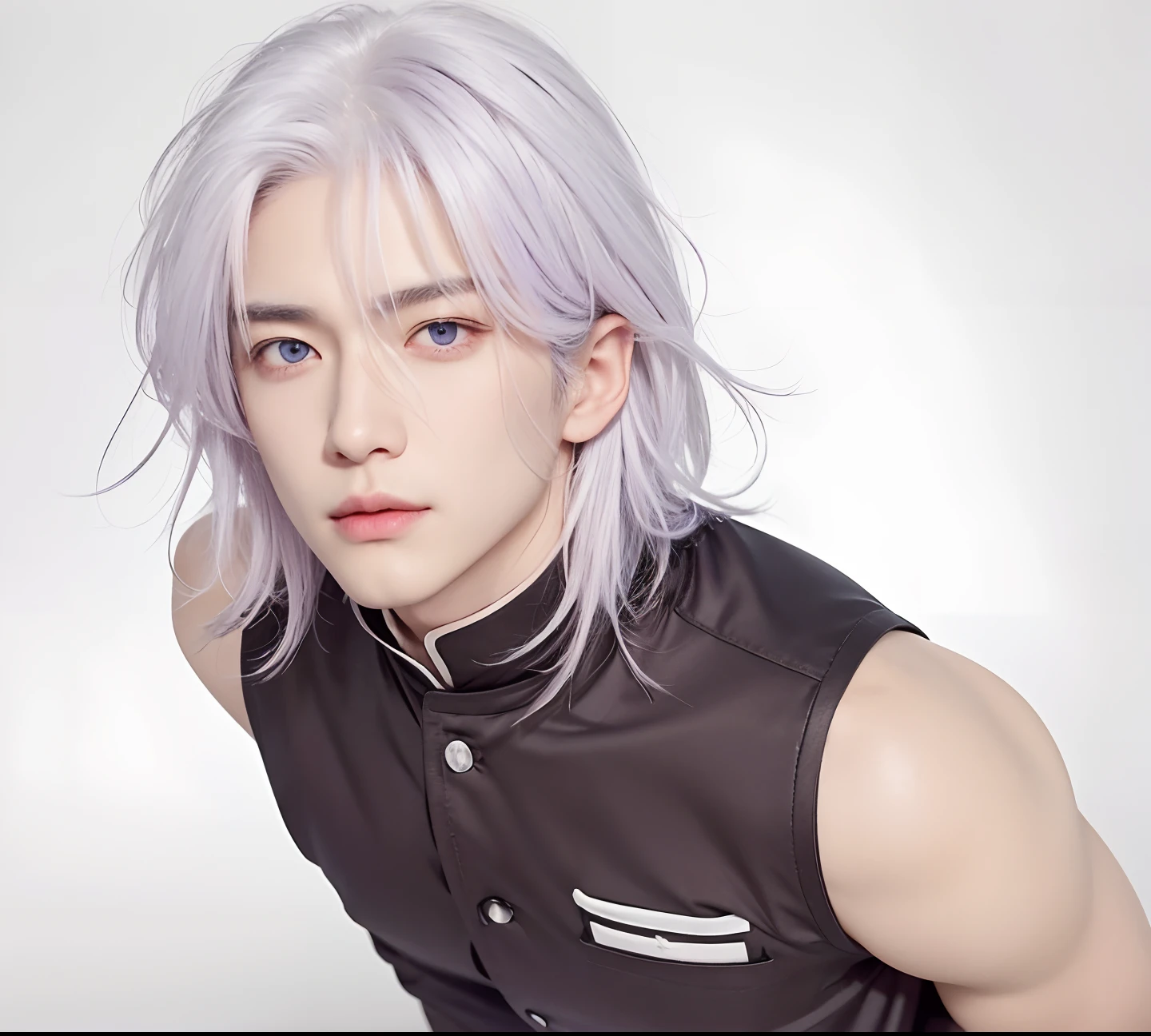 A man with realistic white hair, realistic light purple eyes, realistic Korean handsome face, realistic seductive expression, exactly the same clothes,Realistic light, realistic shadows, realistic background,Hair exactly the same,The hair bangs are exactly the same