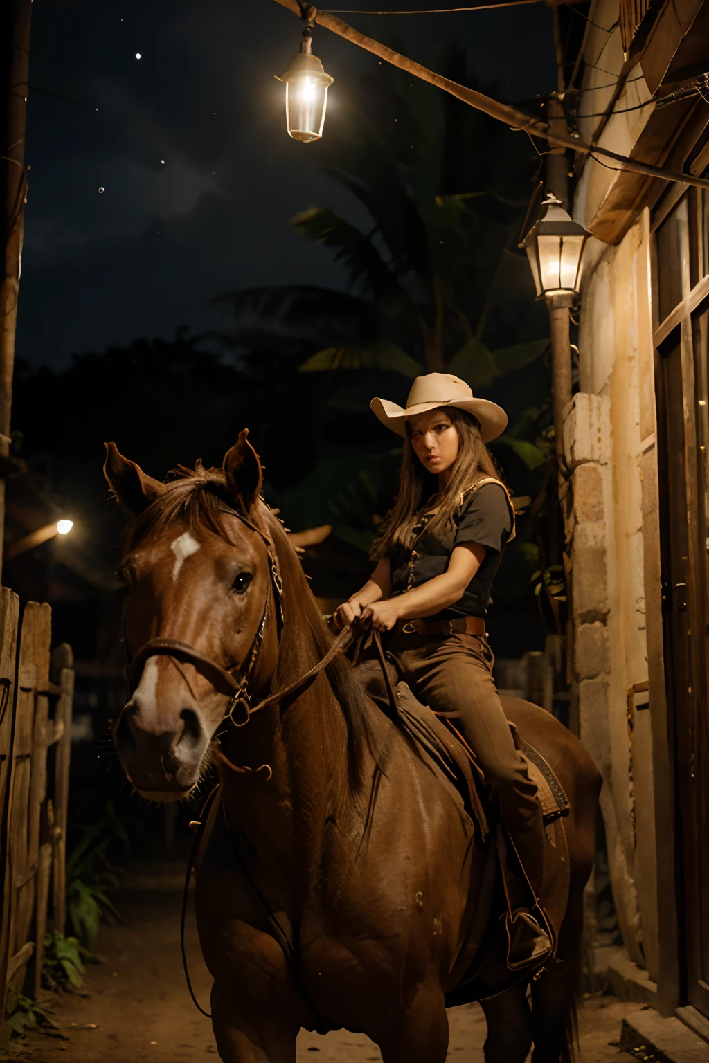 Cowboy montado em um cavalo marrom, at night, Camera behind it at a 45-degree angle, Holding the handle of a lantern, observando ao longe uma pequena vila localizada no centro de um vale, imagem foto realista, photographic image, cinematic lighthing, câmera Phase One, noite, super realista, super qualidade