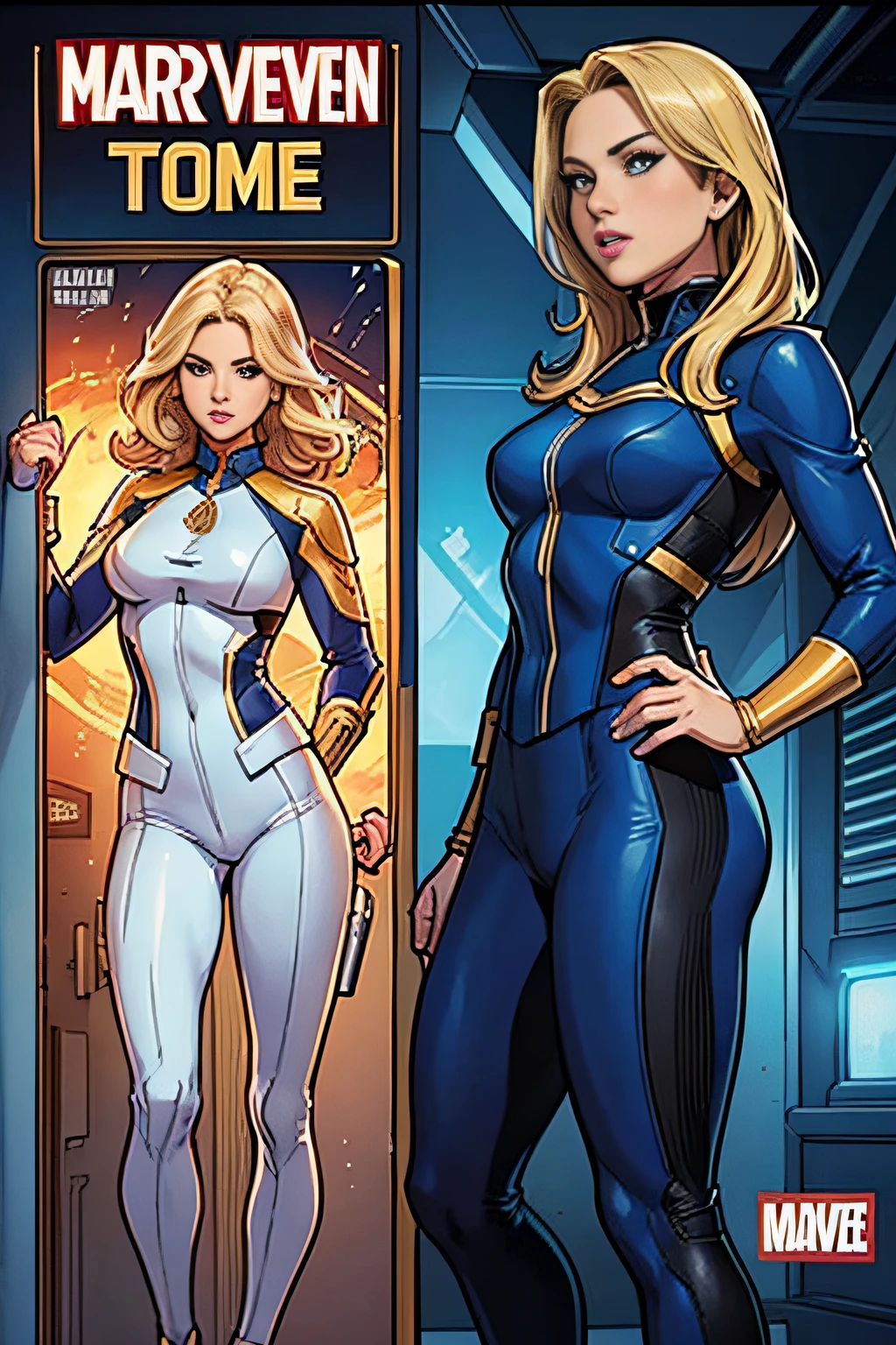 Oil painted slightly chubby white woman. Her face also slightly chubby. Her body floating in space .She wearing a dark green body suit.. She has short blonde hair. She has her mouth open breathing heavily. She on the verge of death. She grabbing her neck. Full body view. Bare foot