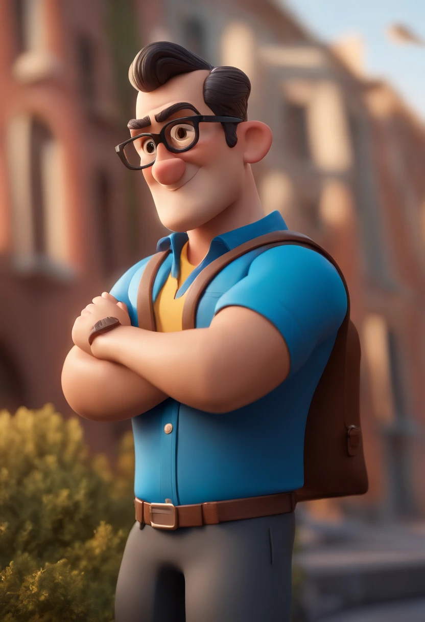 Cartoon character of a man wearing black glasses and a blue shirt, um personagem animado, Caractere estilizado, animation style rendering, 3D estilizado, Arnold Maya render, 3 d render stylized, toon render keyshot, Personagem 3D, Personagem 3D, 3d rendering stylized, 3 d character render, personagem de desenho animado, Personagem de close up, Pose de personagem, (Estilo Pixar) (master part:1.2) (Bokeh) (best quality) (pele detalhada) (textura detalhada) (8k) (argila) (Cinematic lighting) (foco nítido,Senta e vaza a parte superior do corpo