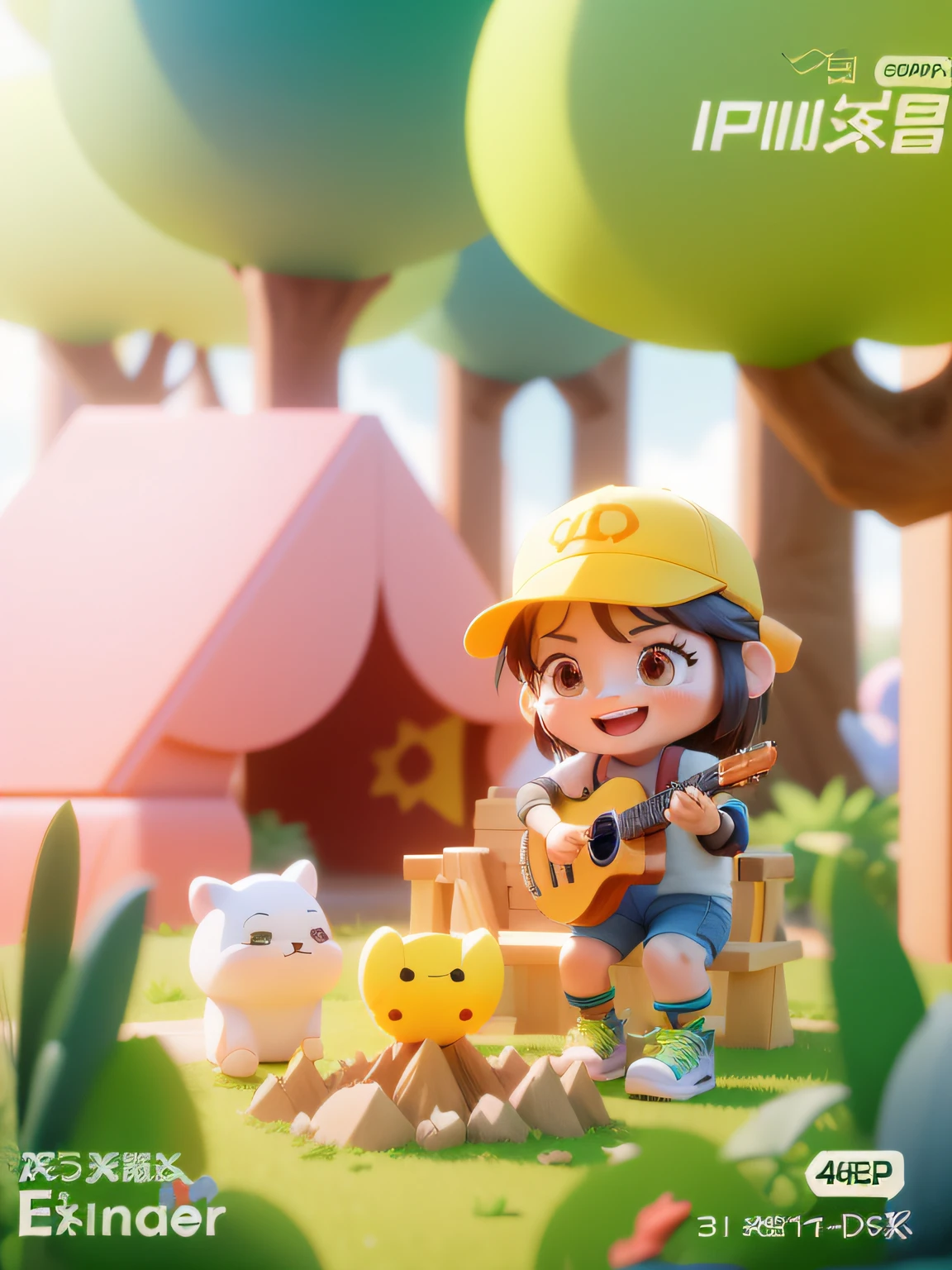 There is a cartoon character in the park, cute 3 d render, Female explorer mini cute girl, Cute detailed digital art, official fanart, Mobile game background, animation style render, trending on cgstation, Cute! C4D, 8K Forest, adorable digital art, 8 K cartoon illustration, Cute cartoon character, 3 d desenho animado，C4D，Cartoon stylized 3d rendering，Party，Render together，toon render keyshot，3D stylized scenes，animation style render，3D clay rendering，happy laughing。