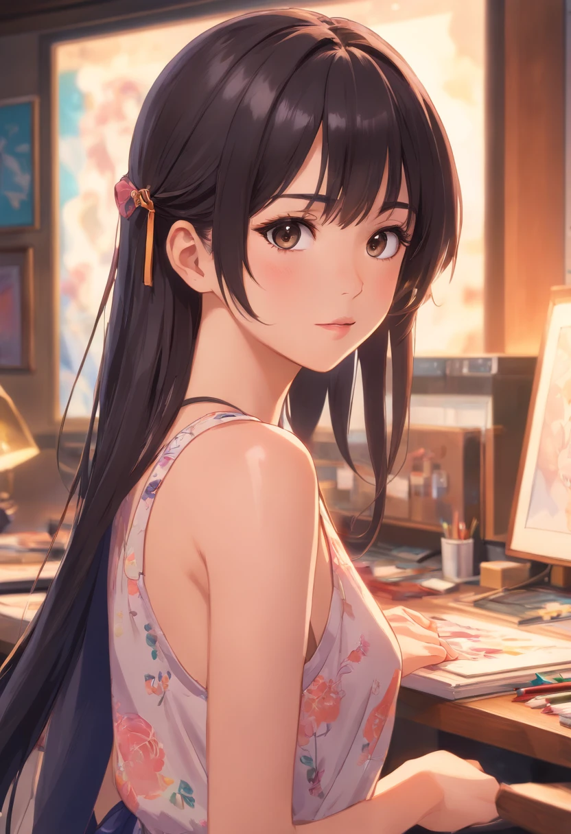 photorealistic, lip gloss, painting, realistic, best quality, ultra high resolution, depth, pastel color, natural shading, focus on face, face only, looking at viewer, long hair, hair accessory, black hair, brown and well detailed eyes, Dress, nude, gaping pussy,