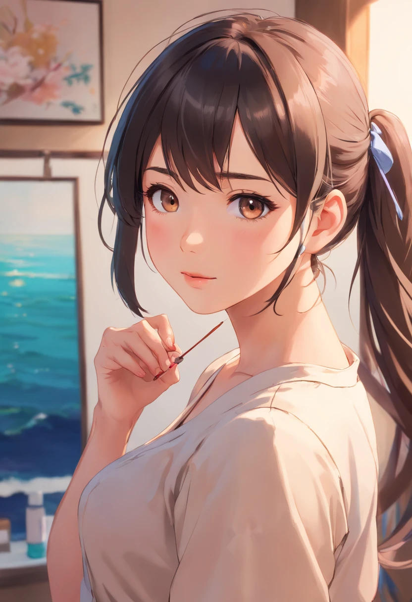 photorealistic, lip gloss, painting, realistic, best quality, ultra high resolution, depth, pastel color, natural shading, focus on face, face only, looking at viewer, long hair, hair accessory, black hair, brown and well detailed eyes, Dress, nude, gaping pussy,