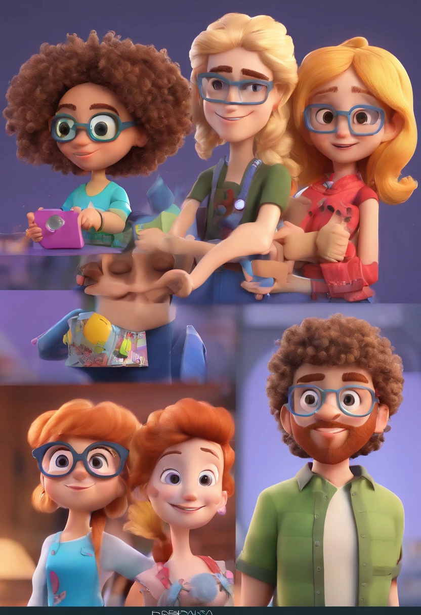 An illustration of 3 friends together, One is blond with large curly hair similar to a Black Power and wears a blond goatee, the other is white and has brown hair and eyes with his short haircut and wears a goatee the color of his hair, and a girl with long black hair wearing glasses and holding a camera . Desenvolva esta arte em Full HD, Focus on your cinematic touch, Estilo Disney Pixar Animations