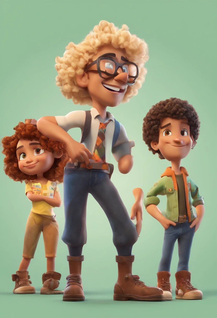 An illustration of 3 friends together, One is blond with large curly hair similar to a Black Power and wears a blond goatee, the other is white and has brown hair and eyes with his short haircut and wears a goatee the color of his hair, and a girl with long black hair wearing glasses and holding a camera . Desenvolva esta arte em Full HD, Focus on your cinematic touch, Estilo Disney Pixar Animations