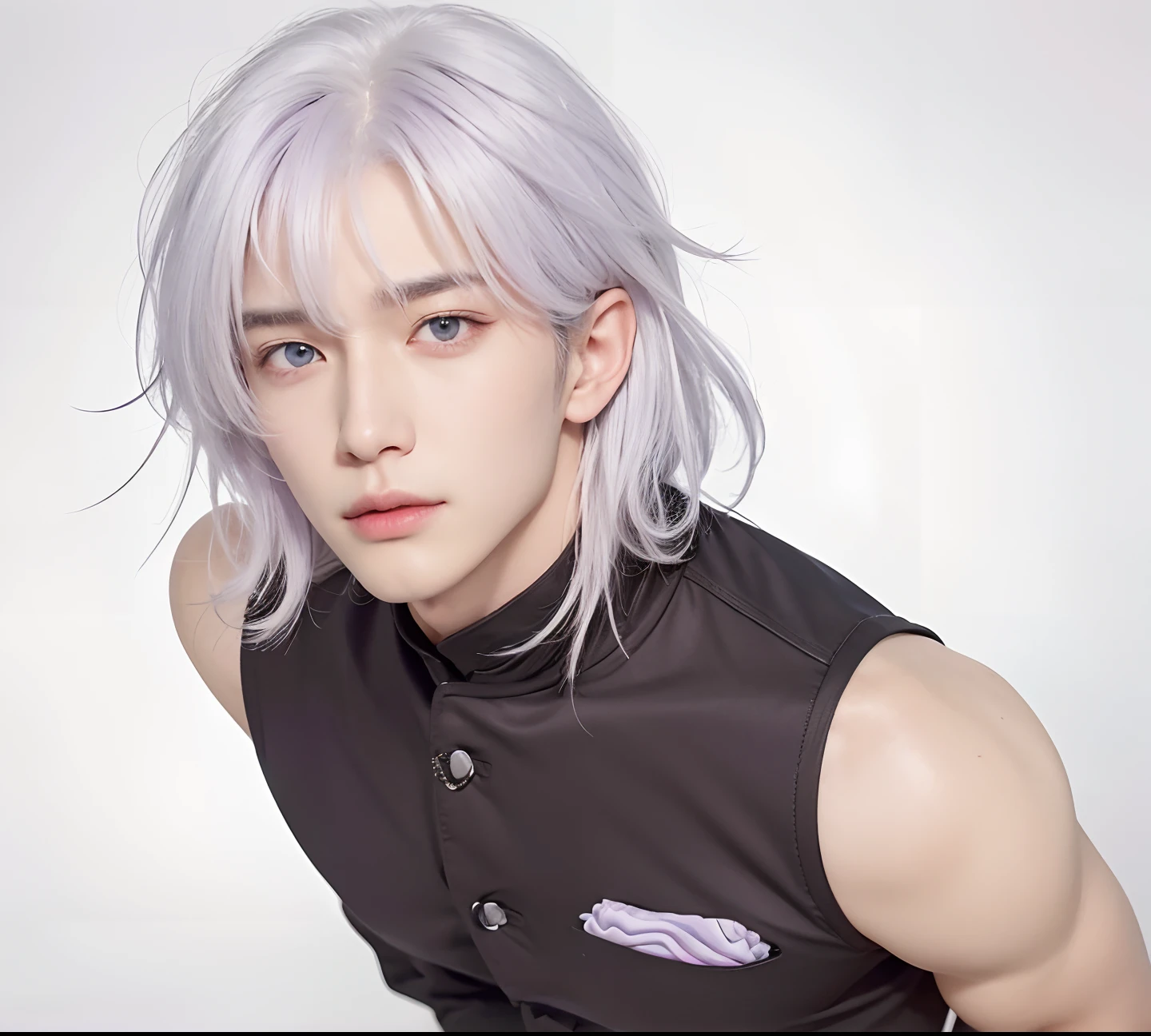 A man with realistic white hair, realistic light purple eyes, realistic Korean handsome face, realistic seductive expression, exactly the same clothes,Realistic light, realistic shadows, realistic background,Hair exactly the same,The hair bangs are exactly the same