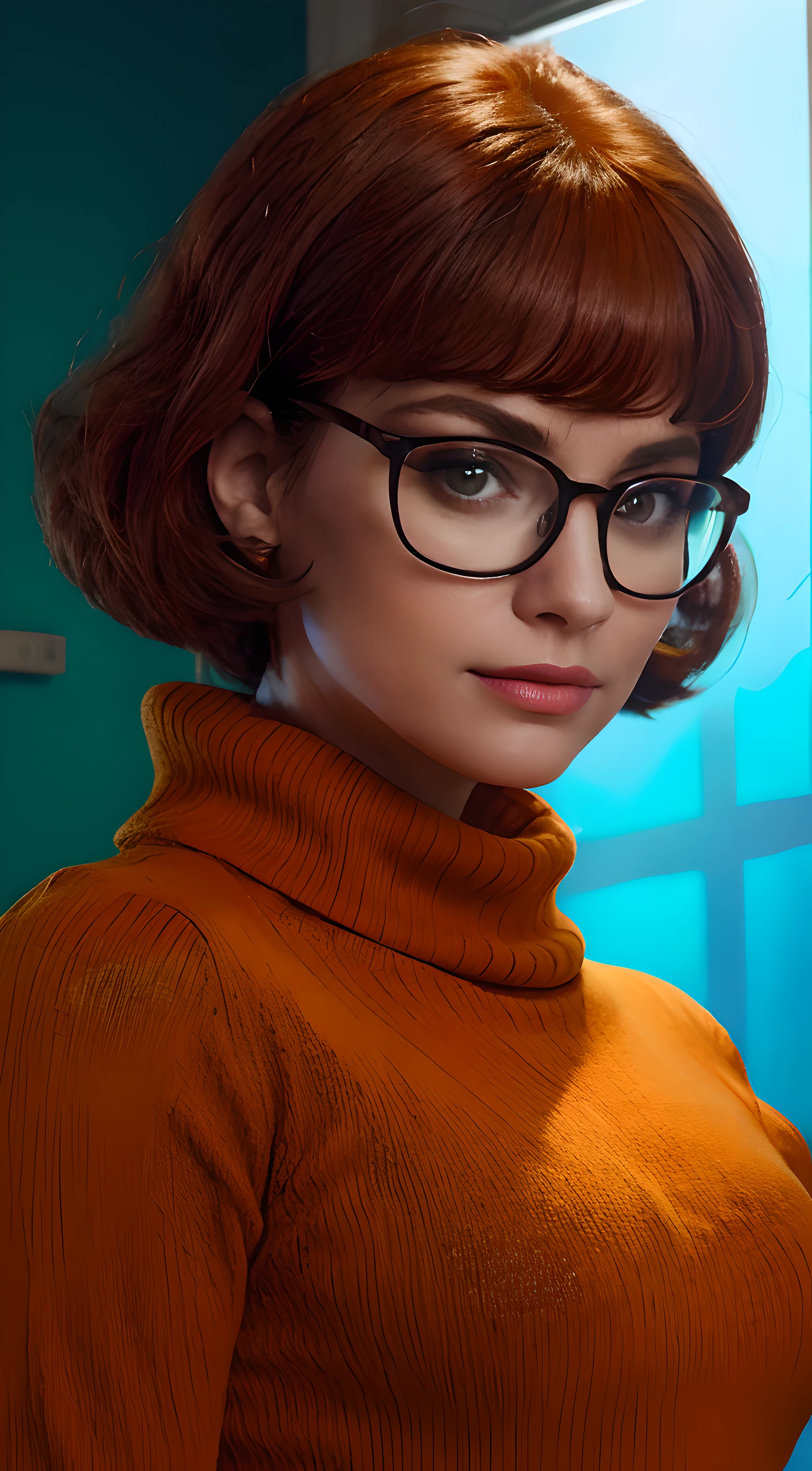 A closeup of a woman with glasses and a turtleneck sweater, retrato de personagem de closeup, retrato velma, Scooby hyperdetalhado, hyperrealista