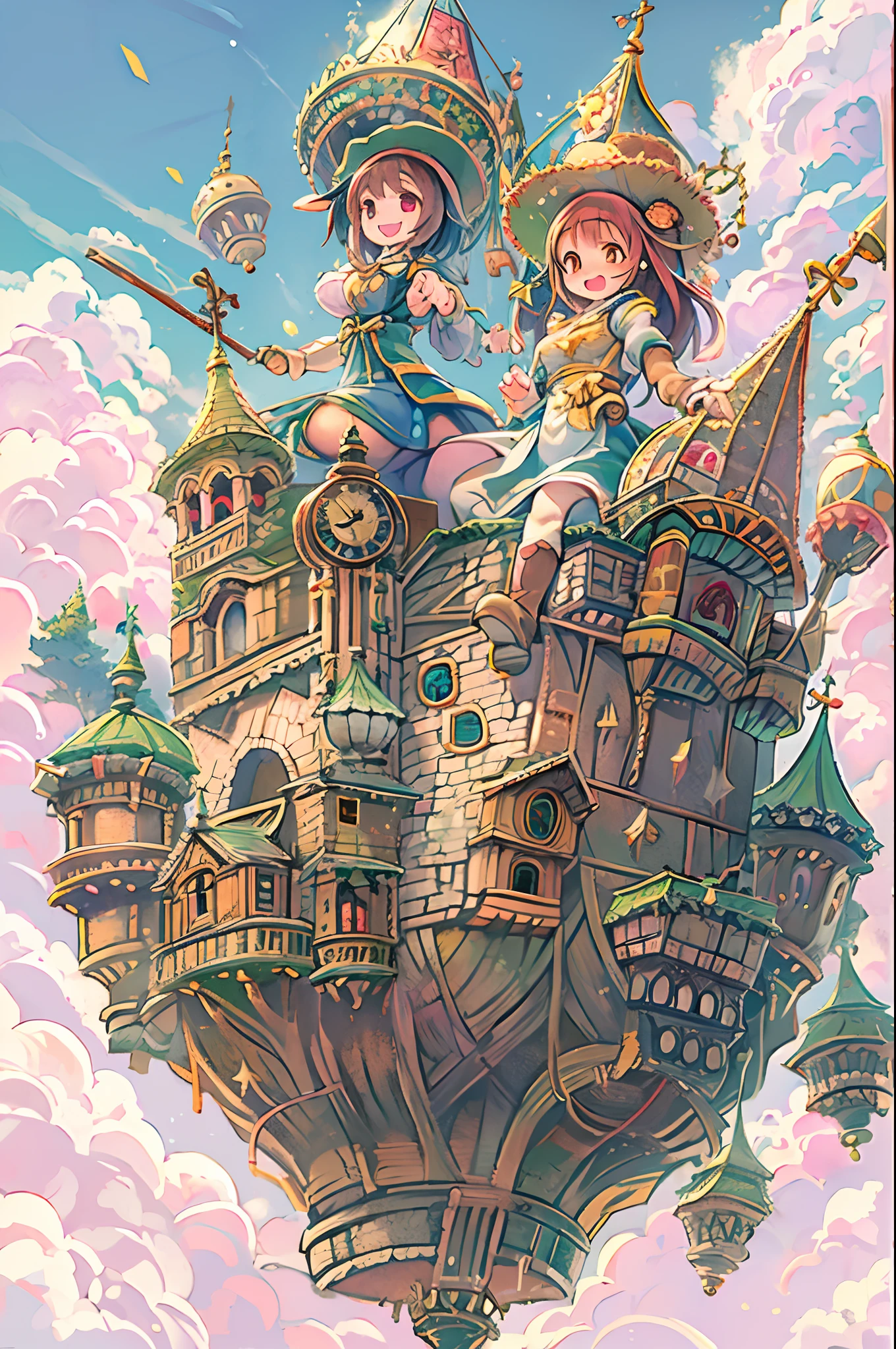 Flying castle, Full of air,Two girls、huge smile
