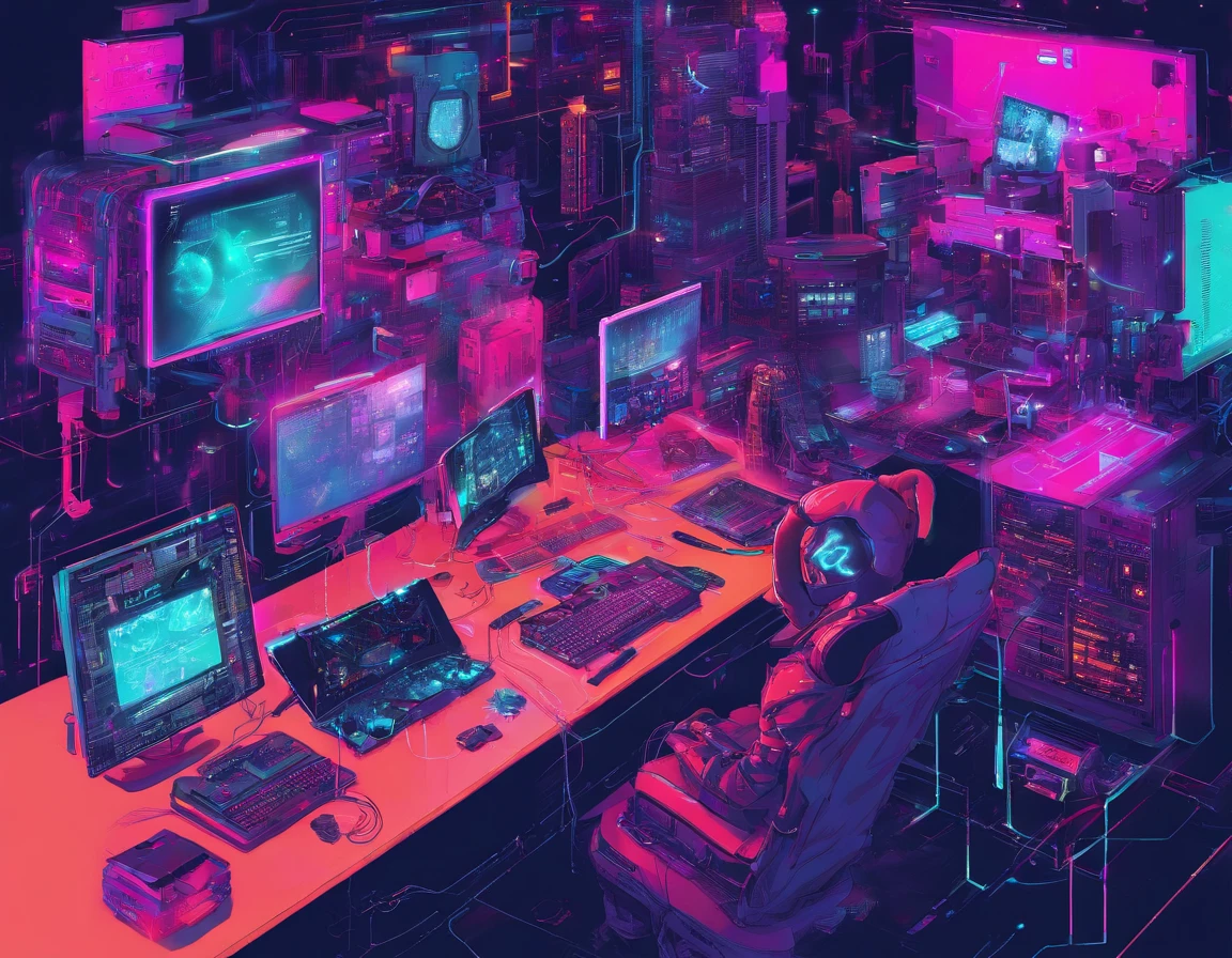 Cyberpunk style cluttered room. more neon. Many machines with unknown uses. Large windows with an open feel. It&#39;s sunny outside.　Hatsune Miku sitting on a chair..
