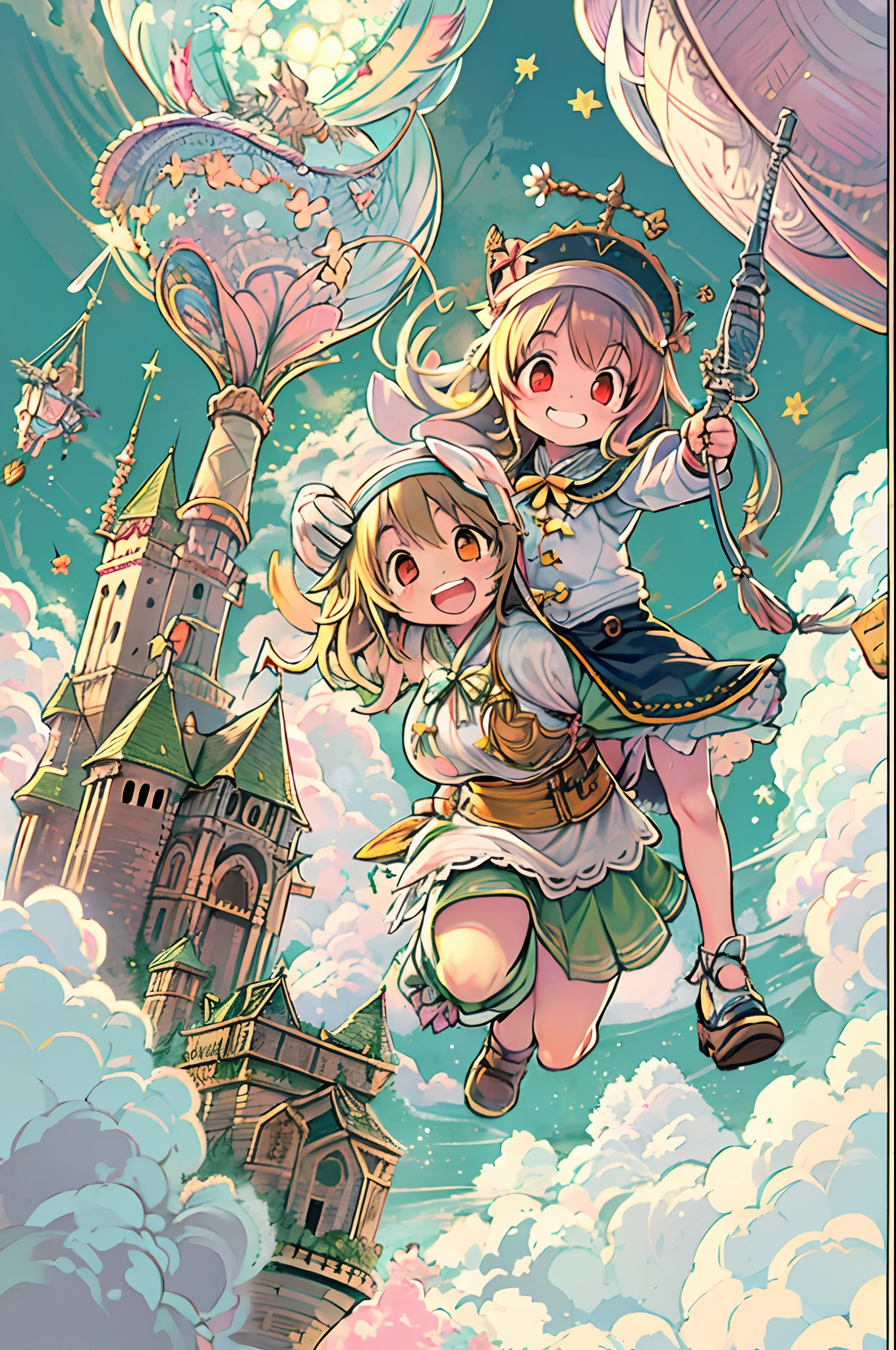 Flying castle, Full of air,Two girls、huge smile