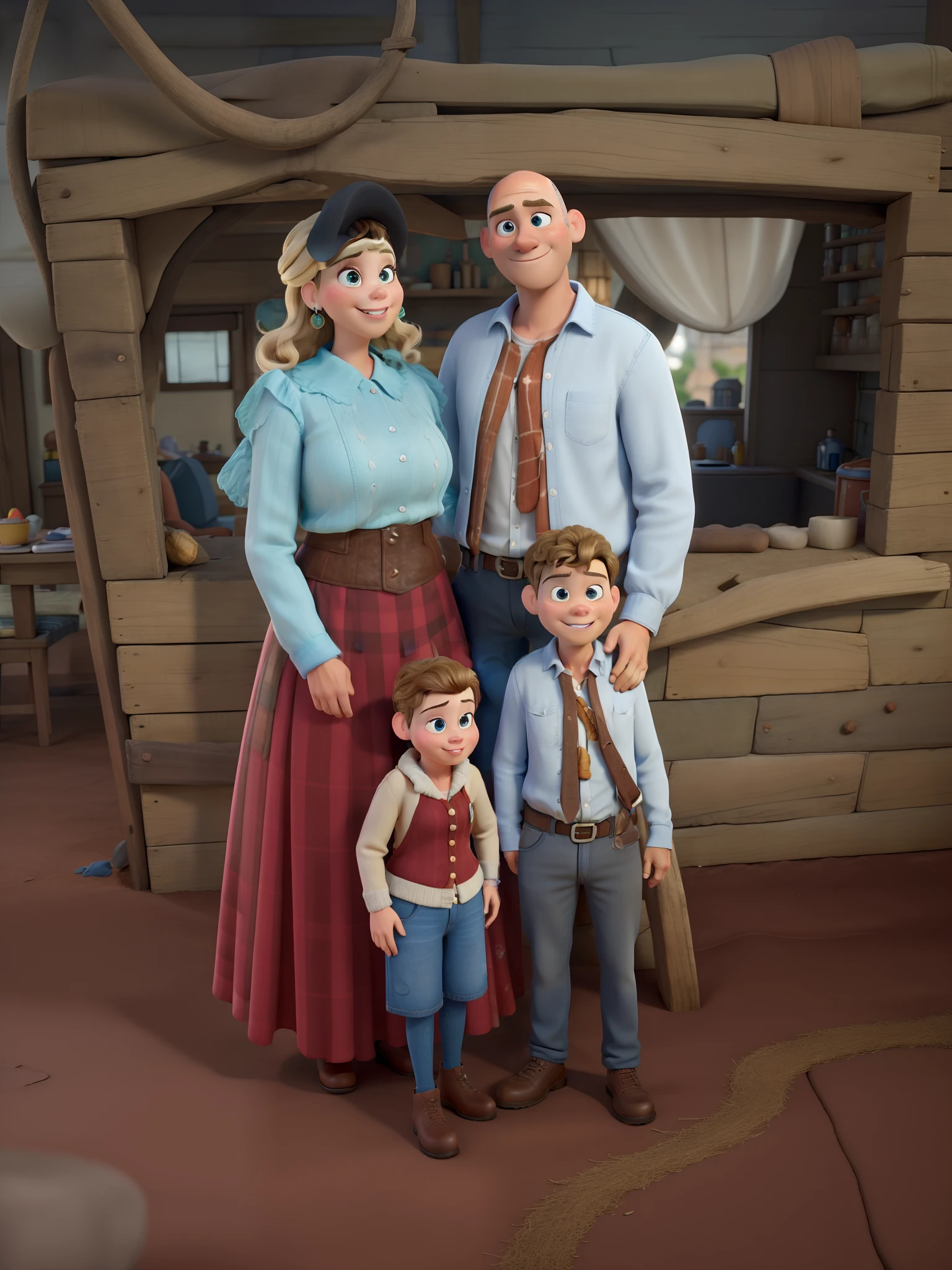 Obra-prima ao estilo Disney/Pixar in high quality and high resolution. The woman in the front is blonde and the man is bald.