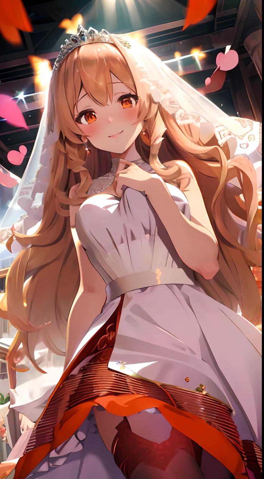fluffy hair,flaxen hair,Orange Eyes,red tide,Sexy lips,Gloss々Lips,Breasts wide open,Valley,Heart mark in hand,Shy smile,Asymmetrical skirt hem,Luxurious dresses,Light pink wedding dresses,Wearing a veil,Tiara on the head,Confetti is flying