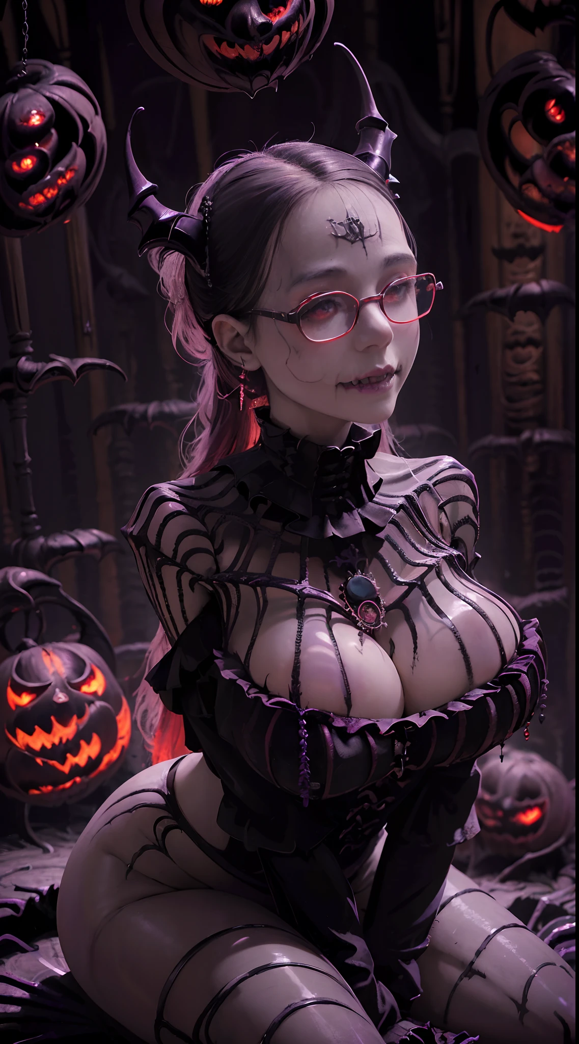 Fine、(The best illustrations)、8k UHD resolution、intricate-detail、top-quality、realisitic、ultra-detailliert、The best lighting、Best Shadows、Soft lighting、Ulutra HD、Ultra-realistic、Tindall Effect、Photorealsitic、(High Detail Skins:1.2)、 (Intricate details, makeup, pureerosface_v1:0.5), (Detailed beautiful delicate face, Detailed beautiful delicate eyes, A perfectly proportioned face, High detailed skin, Detailed skin, best ratio four finger and one thumb, arms below , Tattoo with a red glow under the stomach、Awesome awesome, wide hips, smooth midriff, skiny and thin, __Fashion__, __hair__:1.25)、Digital SLR、 absurderes、1 beautiful devil woman from hell, surreal female portraits by David Hockney and Alphonse Mucha, Portrait of a seductive woman、Fantasy Art, Chinese Doll、Chinese actress、Dungeon、The dragon、Devil's Palace、Devil's Torture Chamber、natta、Dark style 、In the Dark、(Detailed spooky backgrounds:2), magia、 女の子1人、E Nun、Dark Necromancer、Succubus、Devil's Daughter、Umi Shinonome、Bat Wings,(((Demon Horns)))、 ((((Huge glasses, Otaku Glasses, thick glasses, Round glasses)))),(((Colossal tits)))、(D's Tail)、(red eyes glowing:1.6)、red eyes make up very sharp and detailed, The eyes are very well made up, ((Red Eye:1.0)),intricate tattoos, demonic intricate tattoos, thigh tattoos, body tattoos, masterpiece、The most beautiful face、a baby face、Charming smile、plump beautiful red lips、Muscular seductive body、The enchanting body of the devil、devil style、Seductive Black Magic Costume、(((A shiny red snake is wrapped around her body)))、The long-haired、Braids、white hair、Ponytail distortion、, Ponytail with a bow tied at the back of the hair, Beautiful expression、Body Up、Large breasts emphas, Super tight breasts, Breast augme surgery,reasts are very big and round andToned waist、Wide buttocks、 lowkey, cowboy lens, (Black Phoss: 1.0), devil crown, Red sparkling gemstone necklace、Jewelry Gwise, wearing black mesh socks,Wear light red、nffsw,