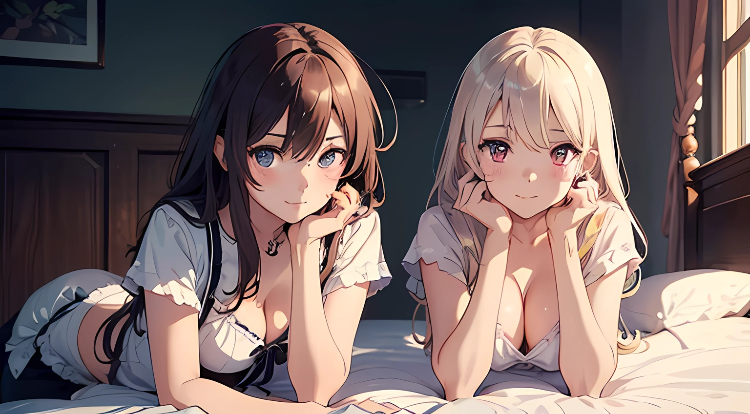 2 girls, (beautiful eyes finely detailed, detailed face, different hair lengths, different hair colors, different eye colors), wearing different style outfit, sit on the bed, full body, teasing facial expression, looking at the camera, blush on their face, bedroom, master piece, noon time, top-quiality, detailed, High Resolution anime illustration