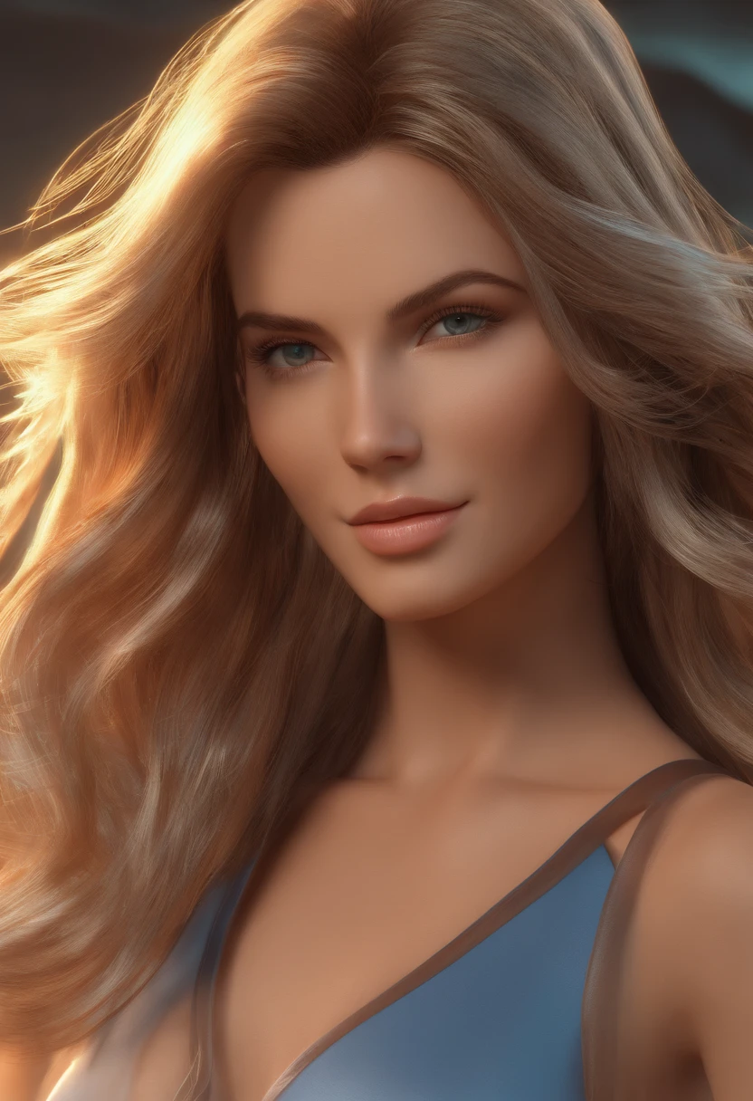 Mulher bonita, Cabelo loiro Windblow, olhos azuis brilhantes, Realistic, master part, alto detalhamento, 4k, Fundo da praia, alta luz detalhada, sorrisinho, pele branca